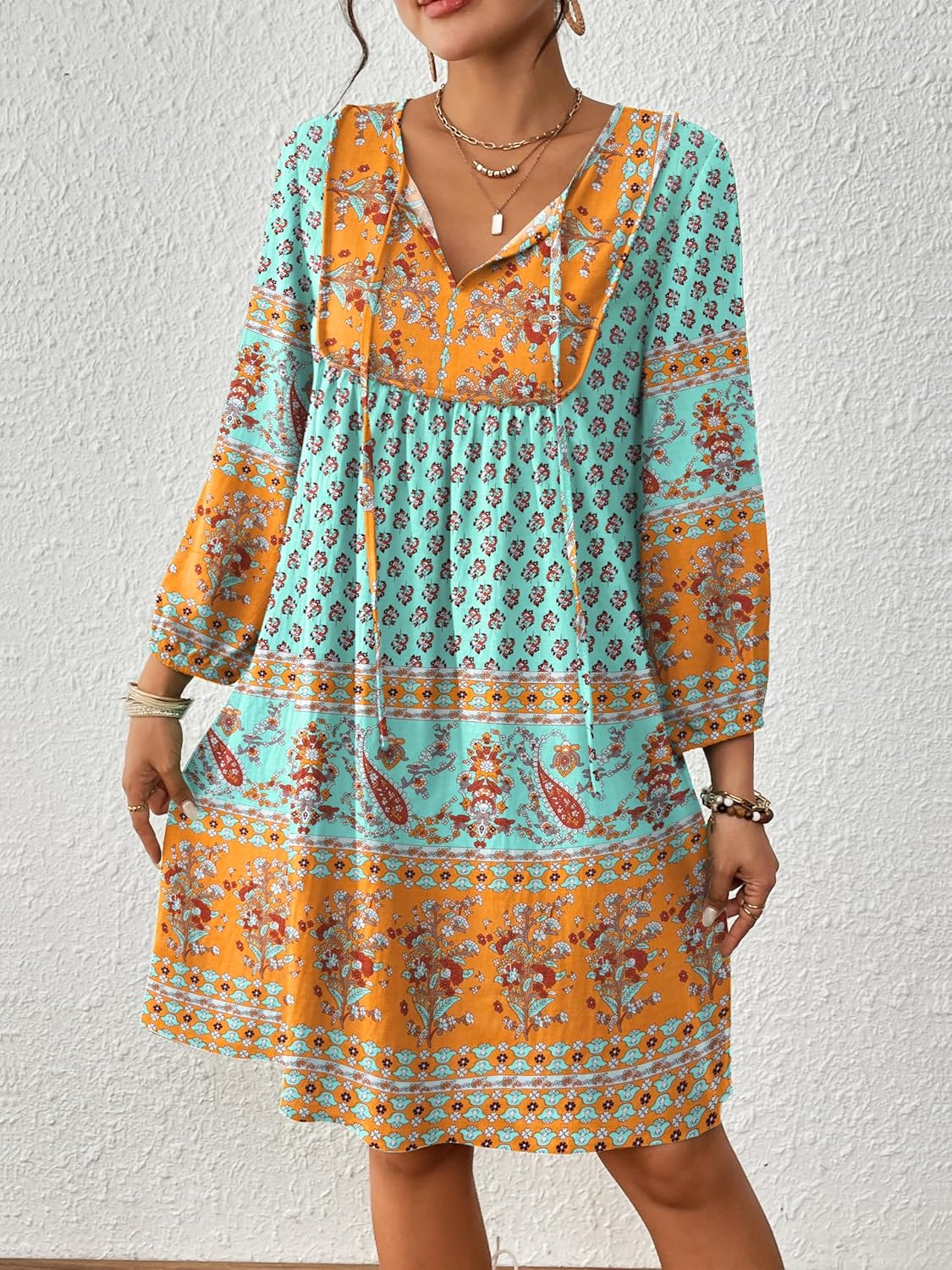 Eddoyee Women Casual Summer Dress, V Neck 3/4 Sleeve Boho Floral Print Flowy Loose Beach Vacation Dress - Image 3