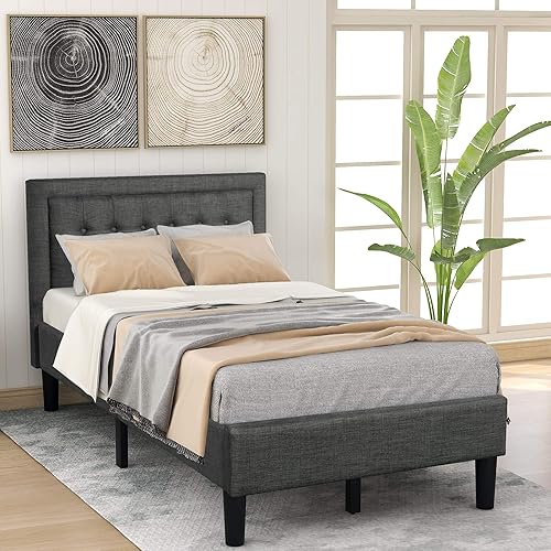 Anwick Cama de plataforma tapizada con botones y soporte de listones de madera resistente (individual, gris)