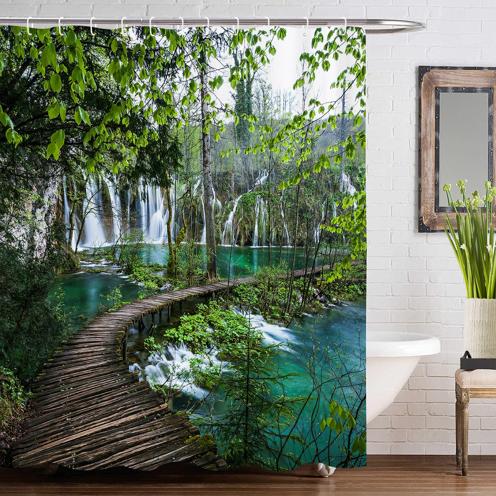 GOOESING Nature Landscape Shower Curtain Forest Lake Waterfall Shower Curtain Bathroom Curtain with Hooks Summer Jungle Scenery Art Bathroom Decor Washable Durable Waterproof Fabric 180x180 cm