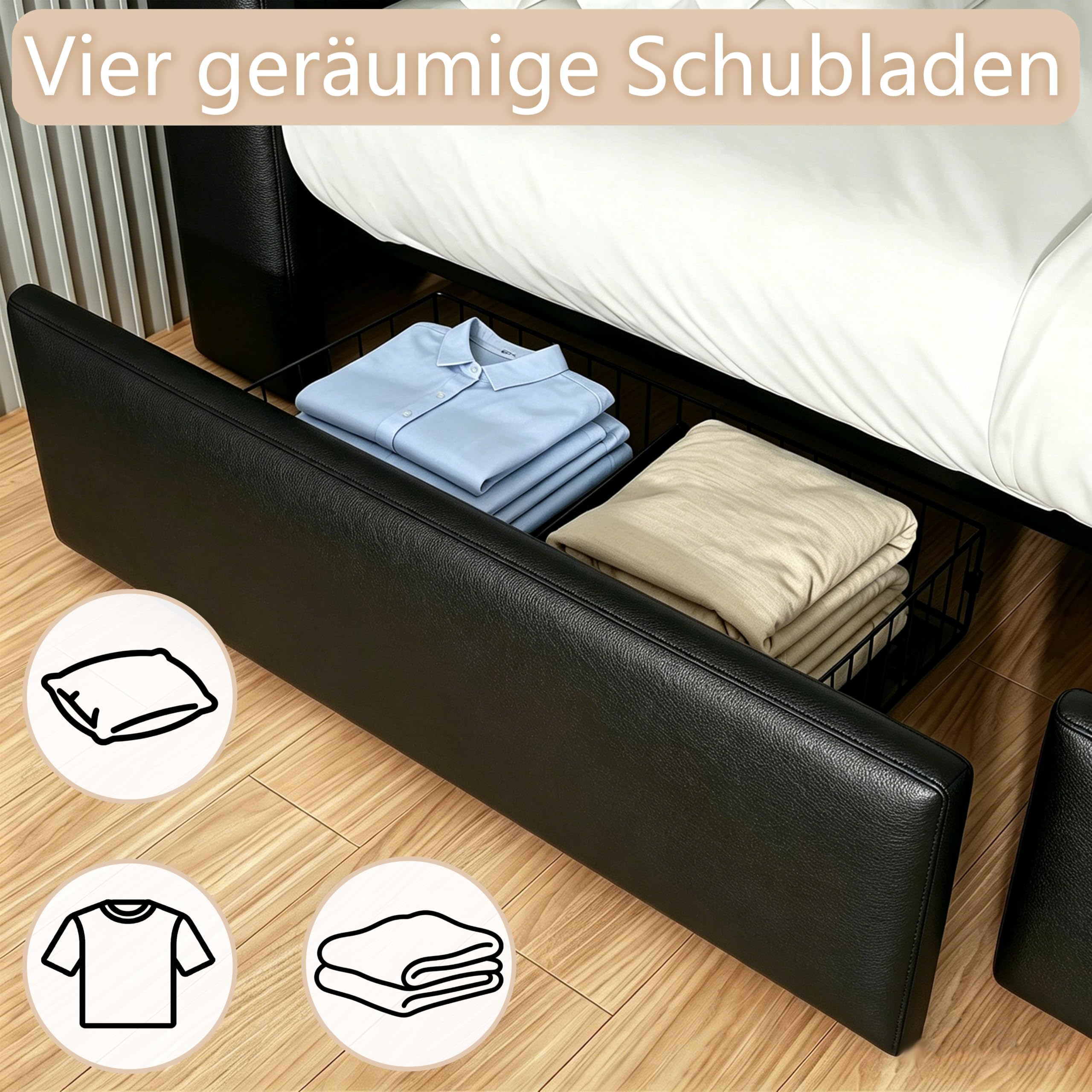 Schwarzer Bettrahmen mit Star-Projektor 160 x 200 cm, Leder | USB- & Type-C-Anschlüsse, gepolstertes Bett, Bluetooth-Star-Projektor, Lattenrost, Stauraum-Schubladen