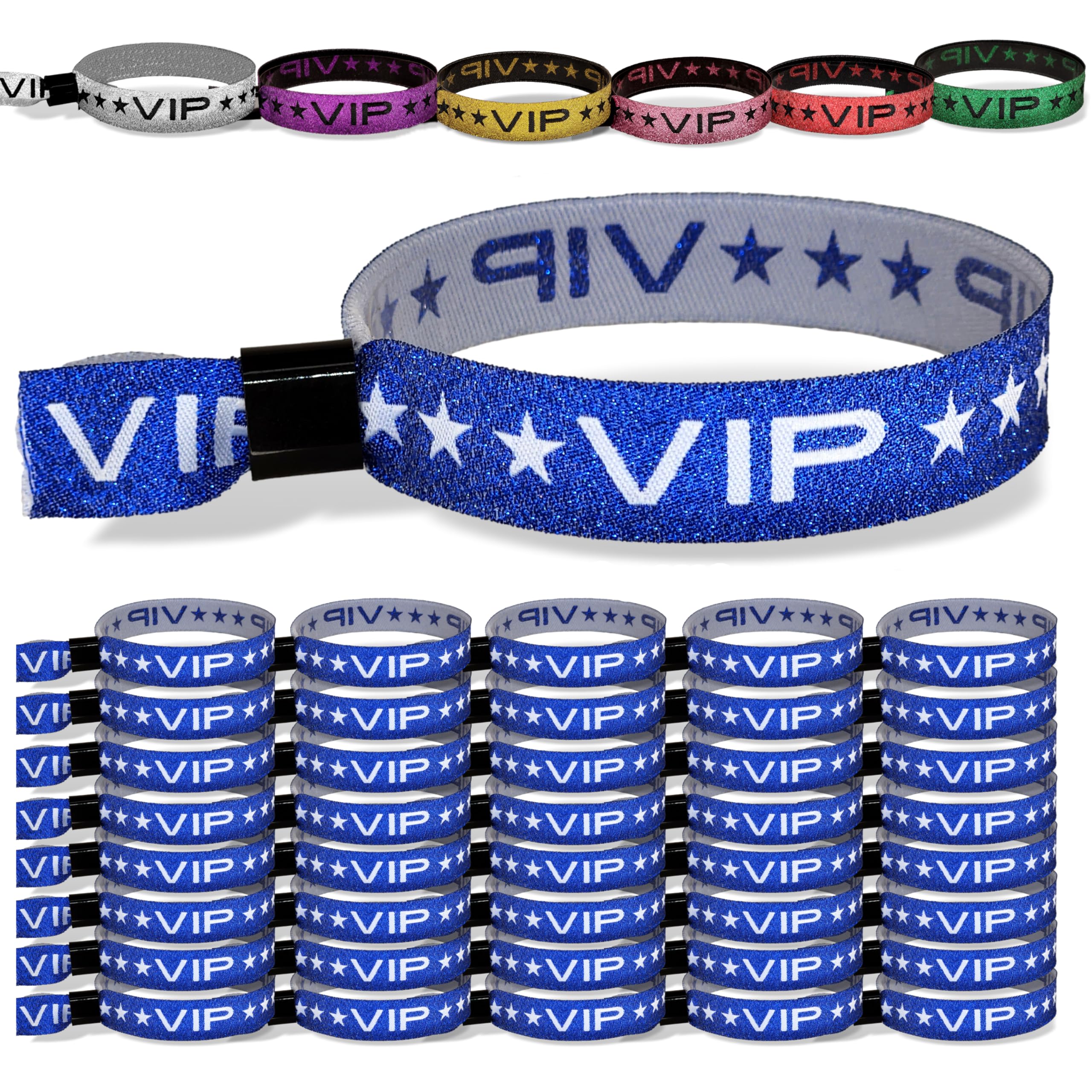 TARACANA 100 Pack Blue Glitter VIP Party Wristbands with Secure Locking Clip. Must Have Adjustable Sparkle VIP Wrist Bands for Events, Parties,