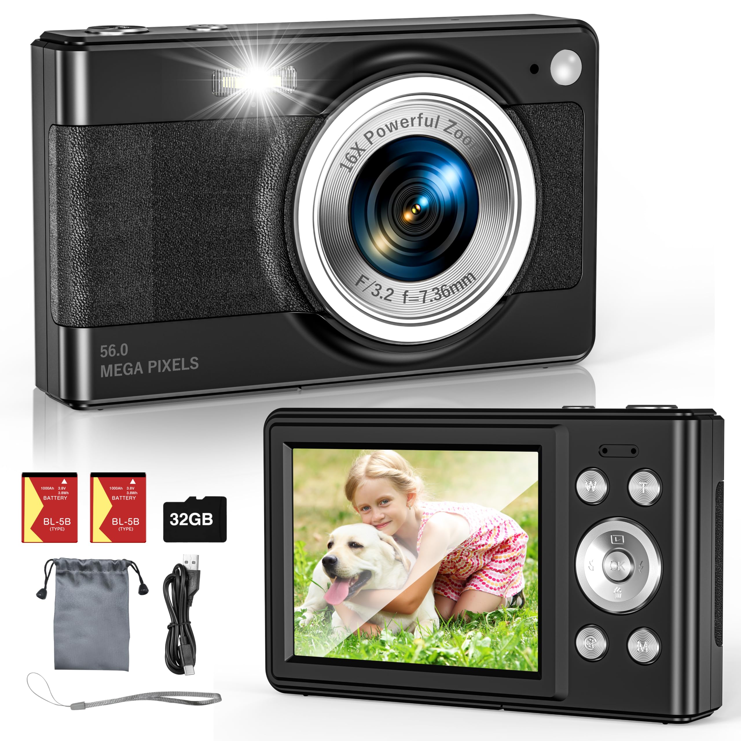 Fotocamera Digitale 56MP 4K Con Zoom 20X – Compatta Con LCD 2.7", Vlogging, Ricaricabile, Scheda 32GB Inclusa, Ideale Per Bambini, Studenti E Principianti