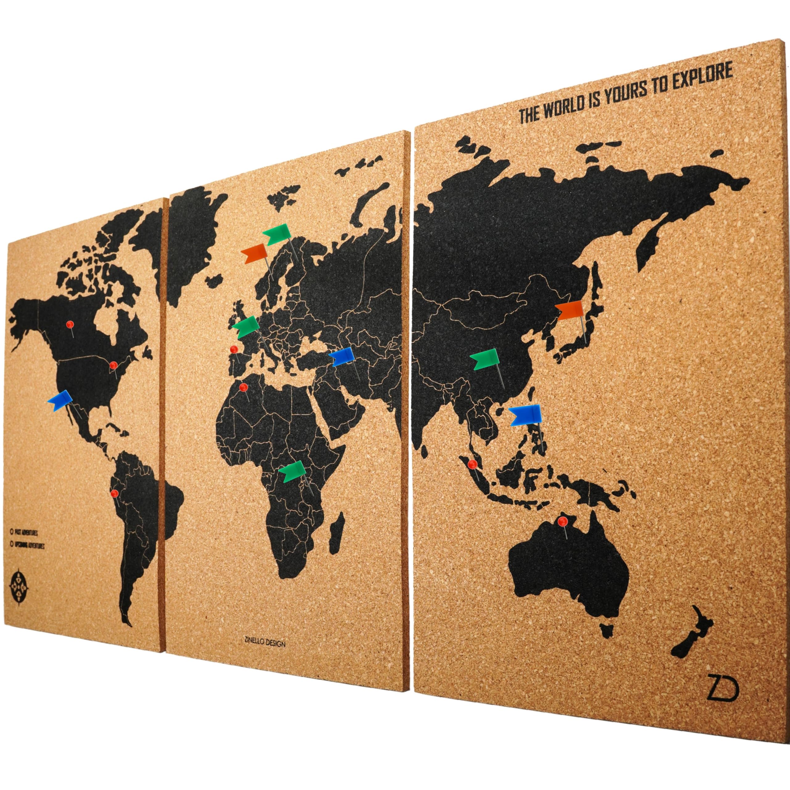 Zinello Design – Mappa del Mondo in Sughero da Parete 60×30 cm (3 Pannelli Adesivi) con 60 Puntine – Quadro Decorativo Viaggi Personalizzabile – Poster Murale Ecologico – Idea Regalo