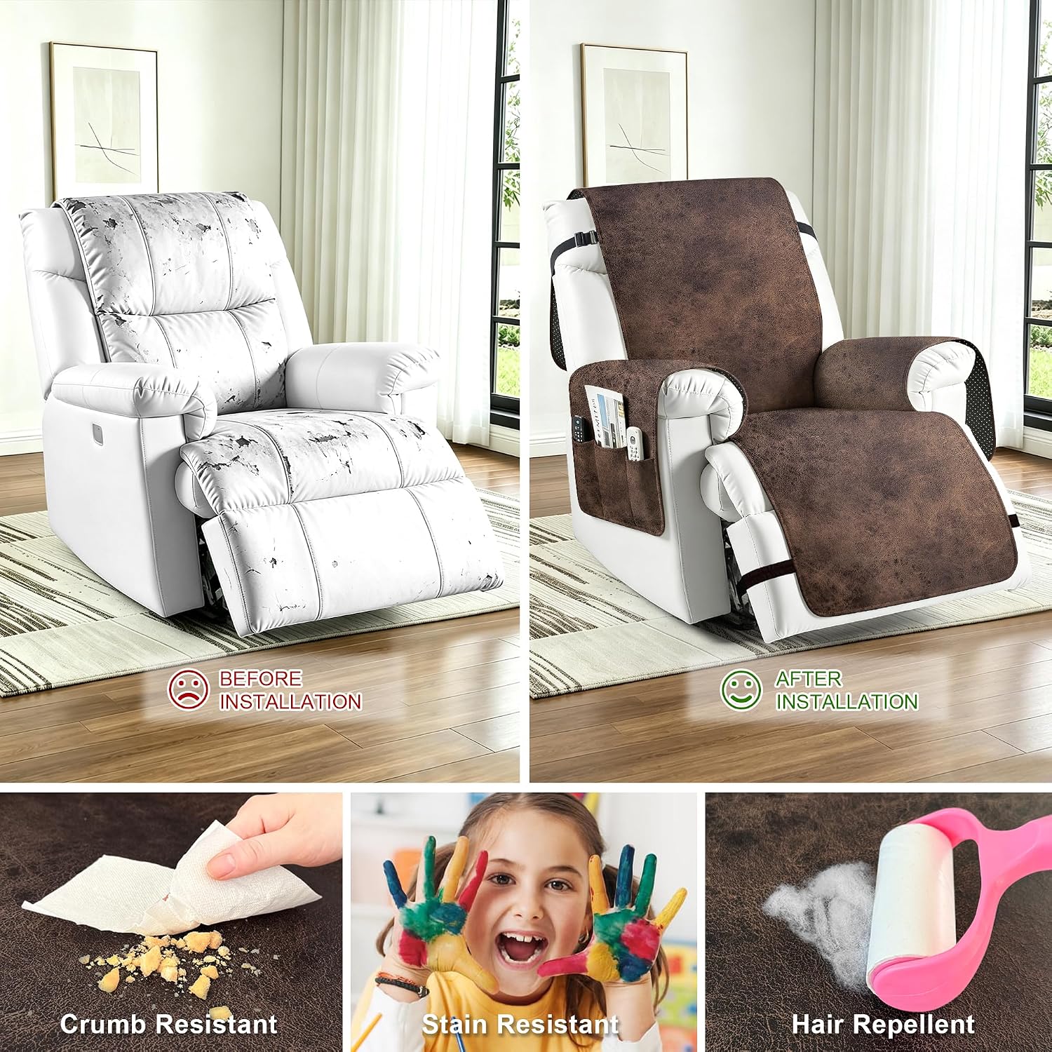 ANARACHON Leather Like Recliner Chair Covers, Non-Slip Recliner Cover with Double Side Pocket, Washable Furniture Cover for Pets (02 Brown)