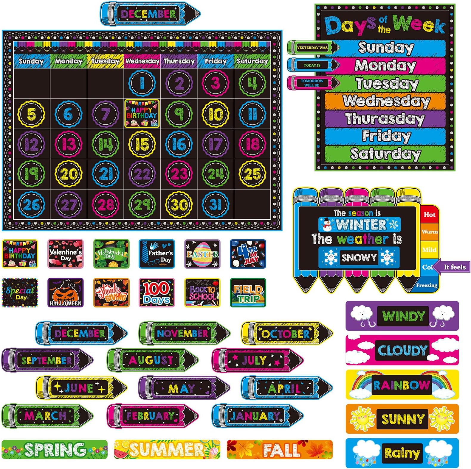 Tenare 169 Pcs Classroom Calendar Bulletin Board Set, Calendar Seasons Weather Chart Bulletin Board and Classroom Display with Stickers for Bedroom Wall Decoration(Chalkboard Brights Style)