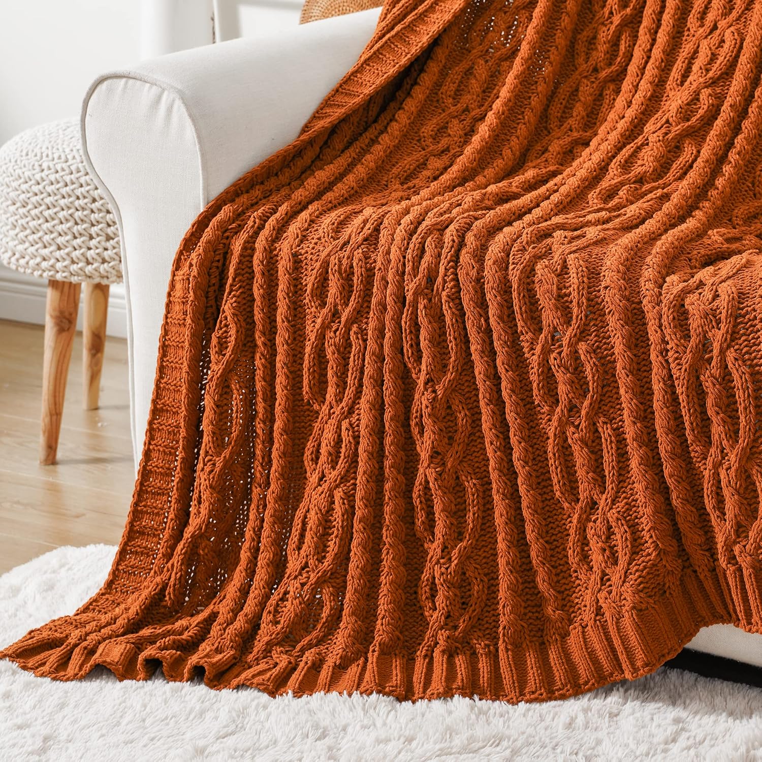 Battilo Caramel Throw Blanket for Couch, Rust Throw, 51" x 67", Super Soft Warm Chenille Cable Knit Blanket Boho Decorative Fall Throw Blanket for Bed, Sofa and Living Room