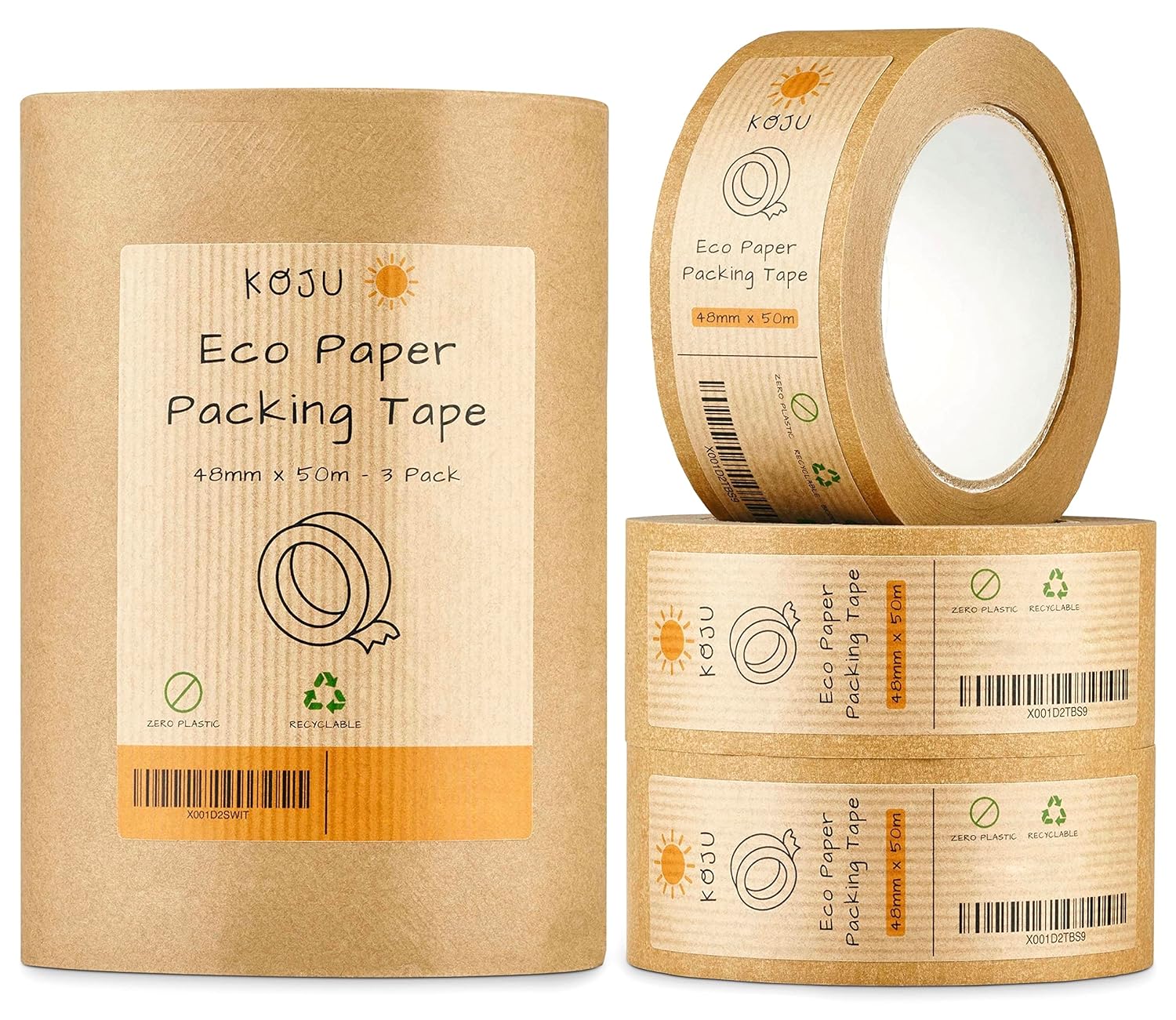Koju Kraft Paper Packing Tape 48mm x 50m 3 Pack Eco Friendly