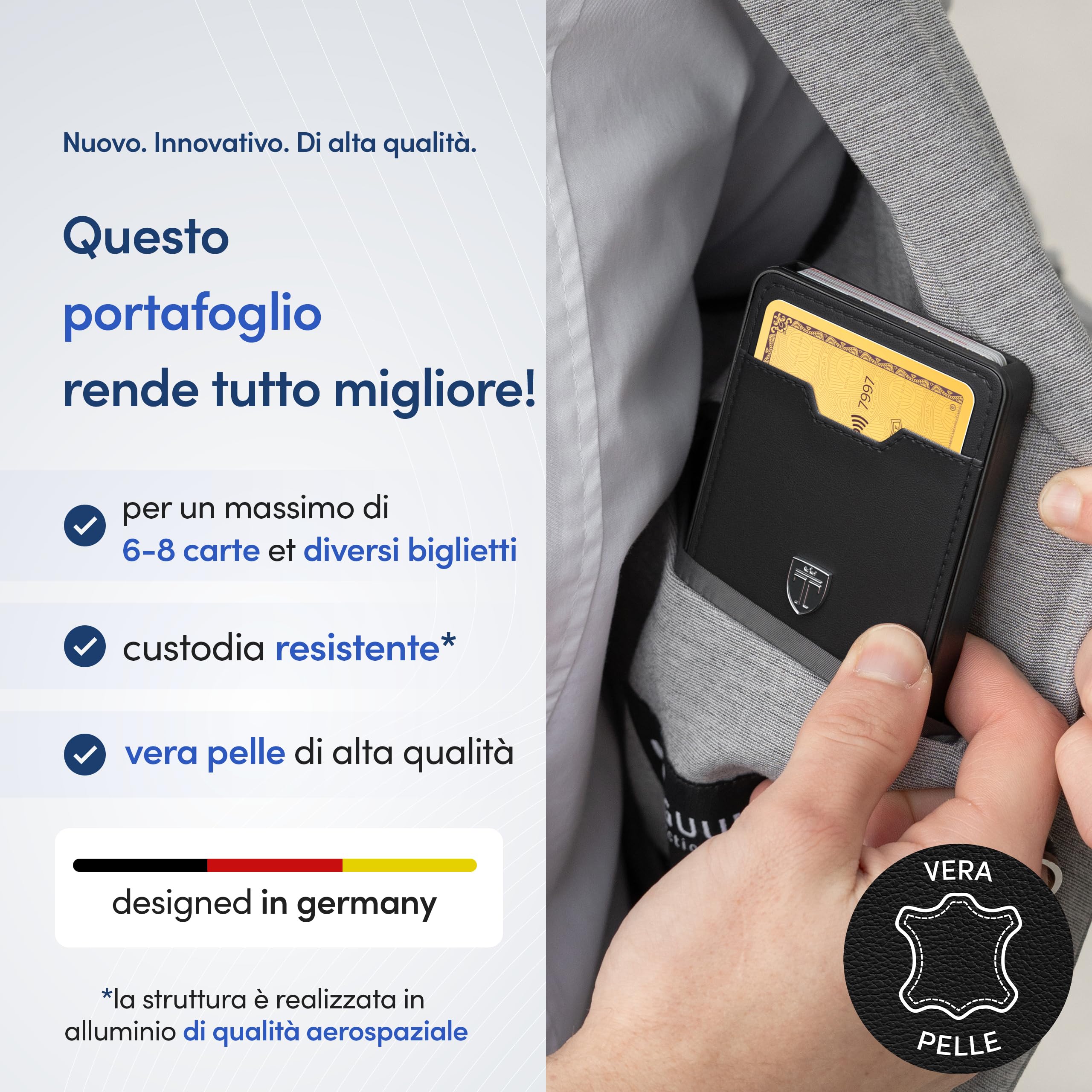 TRAVANDO SWYPE Alluminio Portafoglio Uomo Slim in Vera Pelle - Portacarte Uomo Protezione RFID - Porta Tessere piccolo con Tasca per Contanti - Portafogli Slim Di Credito - Mini Smart Wallet