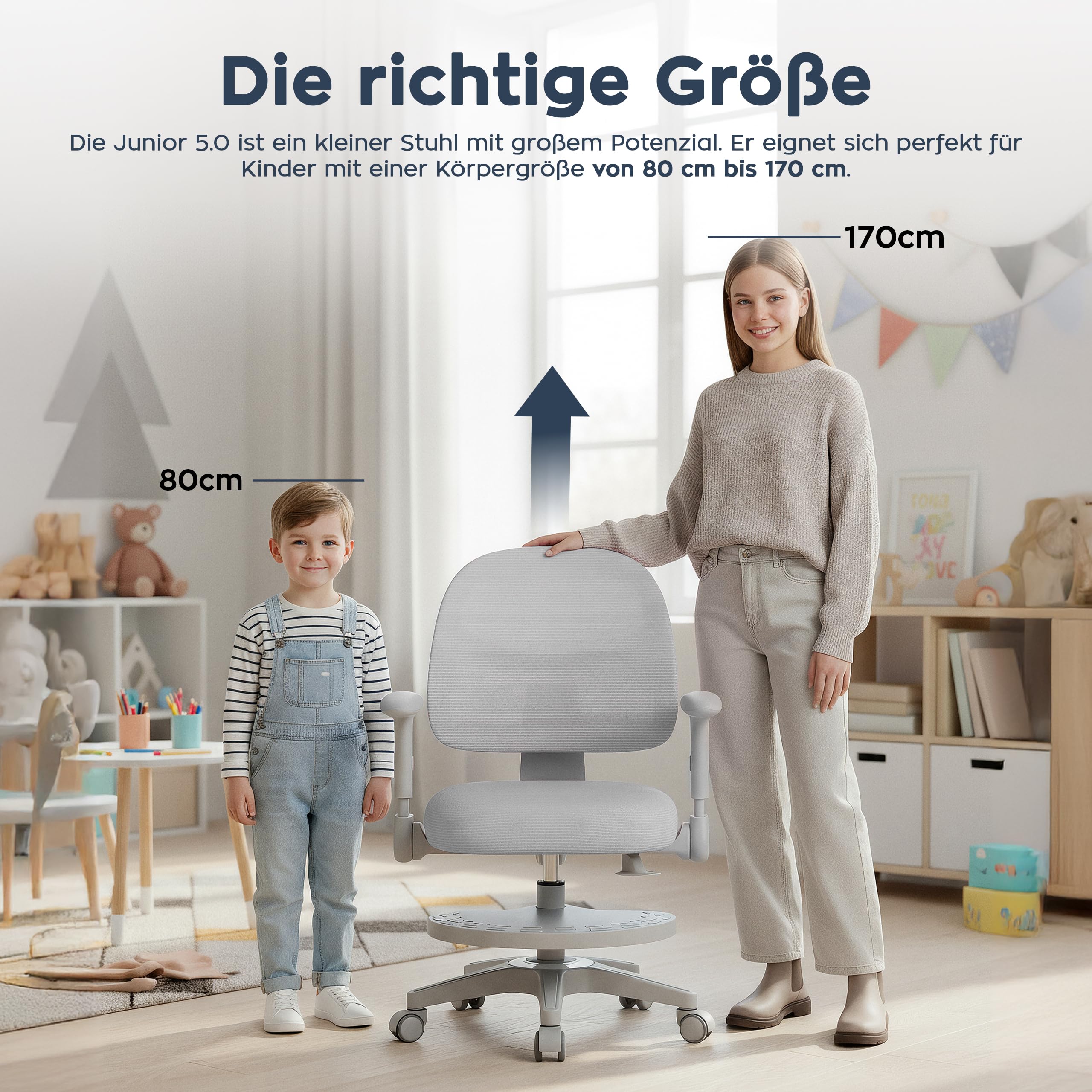 MARK ADLER Junior 5.0 Kinder Schreibtischstuhl ergonomisch – Mitwachsender Kinderschreibtischstuhl mit Fußstütze – Höhenverstellbar – Kinderstuhl für gesunde Haltung 80–170 cm – Grau