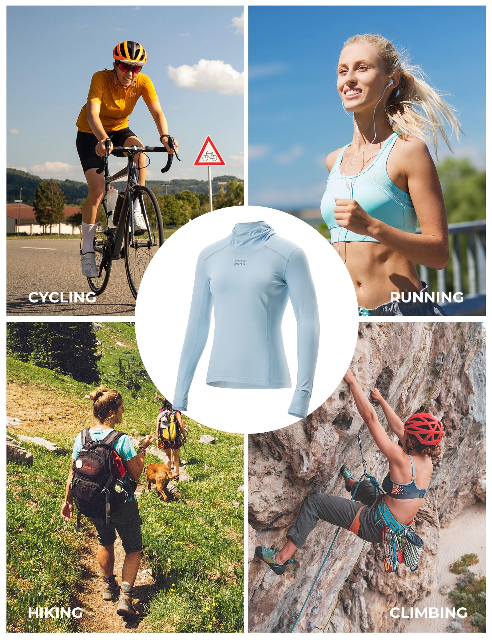ROCKBROS Maglia Sportiva Donna Maniche Lunghe, Traspirante e ad Asciugatura Rapida, UPF 50+, Elastico e Leggero, con Tasche, Abbigliamento per Ciclismo Corsa Gym Trekking Yoga