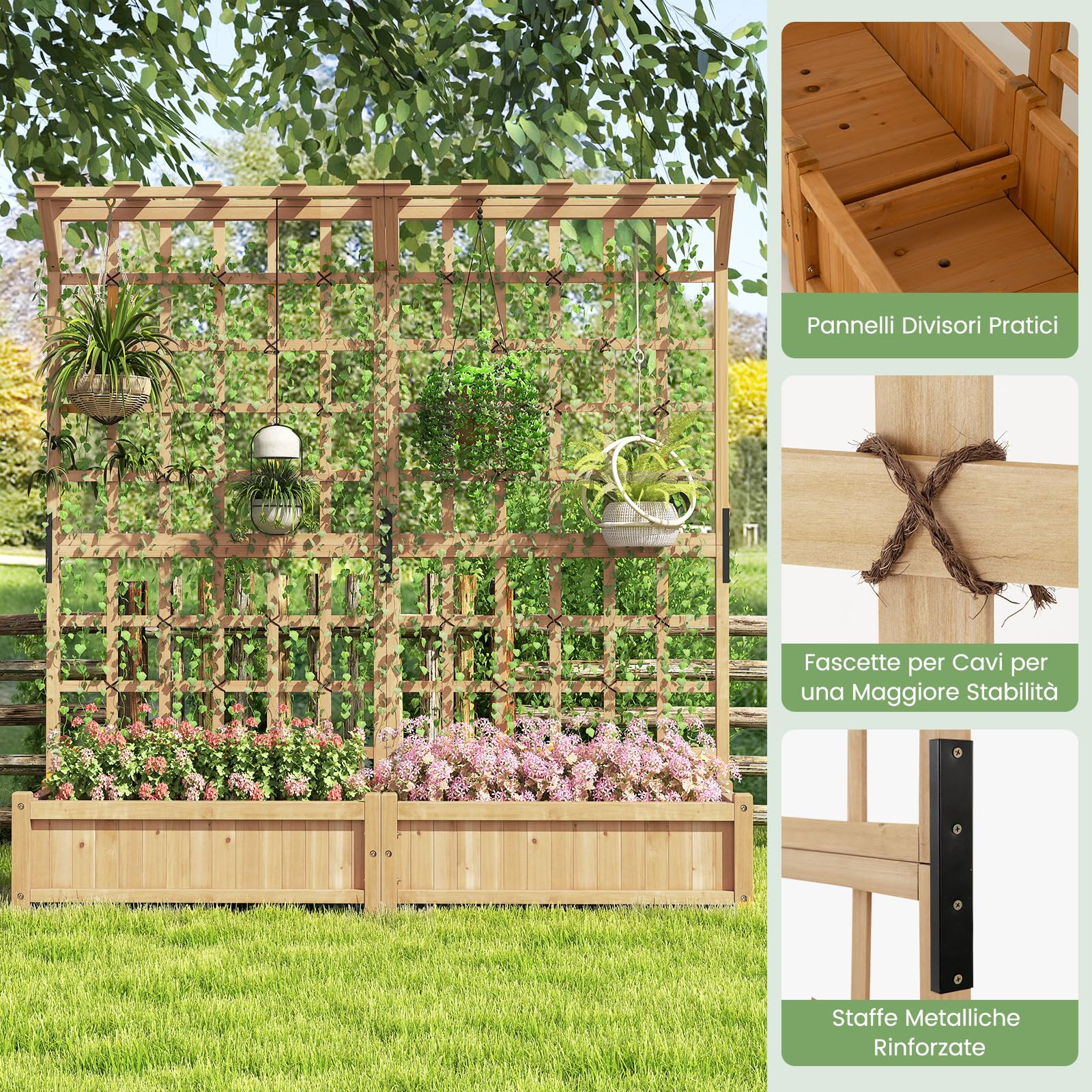 COSTWAY Fioriera in Legno con Traliccoio, Letto da Giardino con Grigliato, Tetto Appeso, 2 Scatole per Piante, 4 Fori di Drenaggio, Aiuola da Giardino Elevata per Piante Rampicanti e Fiori (Naturale)