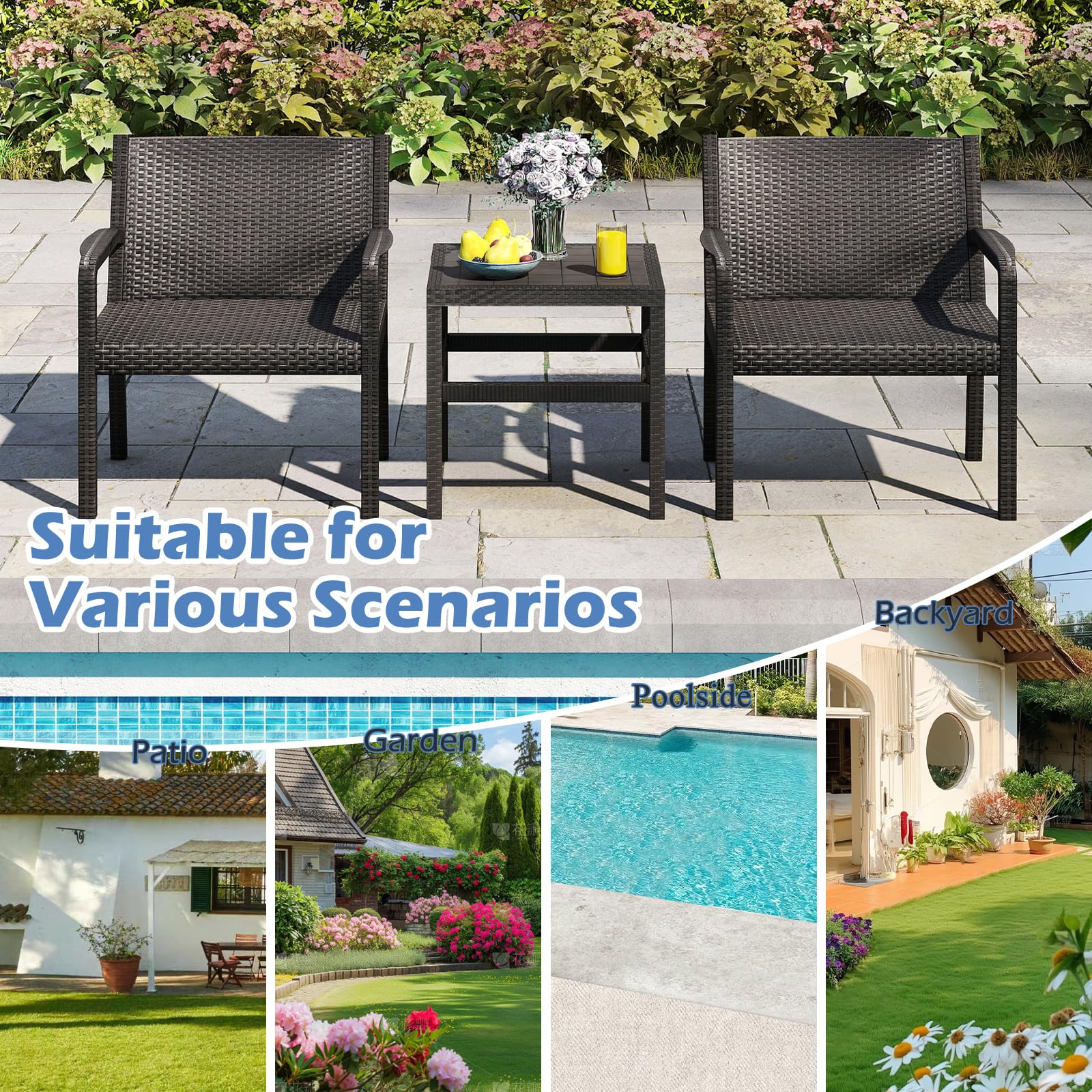 LIFEZEAL Juego de Mesa y Sillas de Jardín 3 Piezas con Asiento Ergonómico | Muebles de Patio Modernos, Mesa y 2 Sillones de Mimbre para Jardín Piscina Terraza PP Resistente