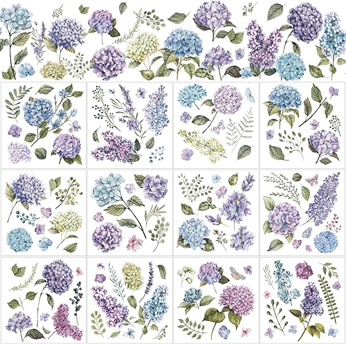 Miniatura 1 de 12 hojas de hortensias místicas frotar en transferencias para manualidades y muebles, calcomanías clásicas de hortensias florales para muebles para