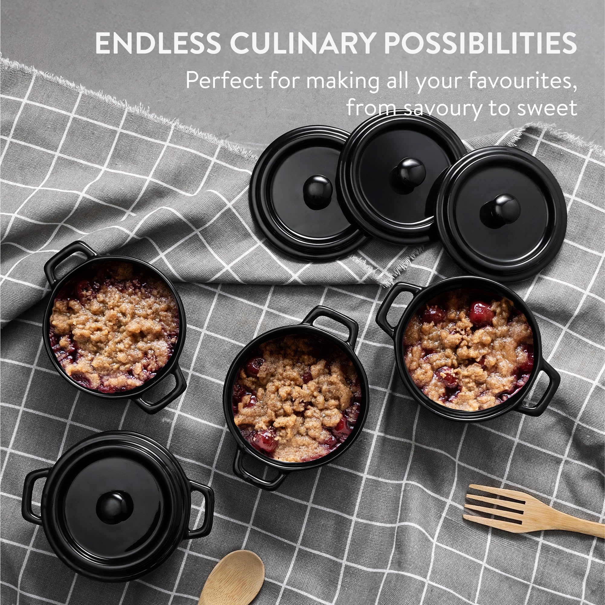 Navaris Mini Cazuelas de Cocina - 4x Cacerola Horno con Tapa de Cerámica - Cazuelitas Individuales 14 x 11 x 7 cm - Cacerolas para Lasagna Postres Sopas - 4x Cazuela Cocotte Negra