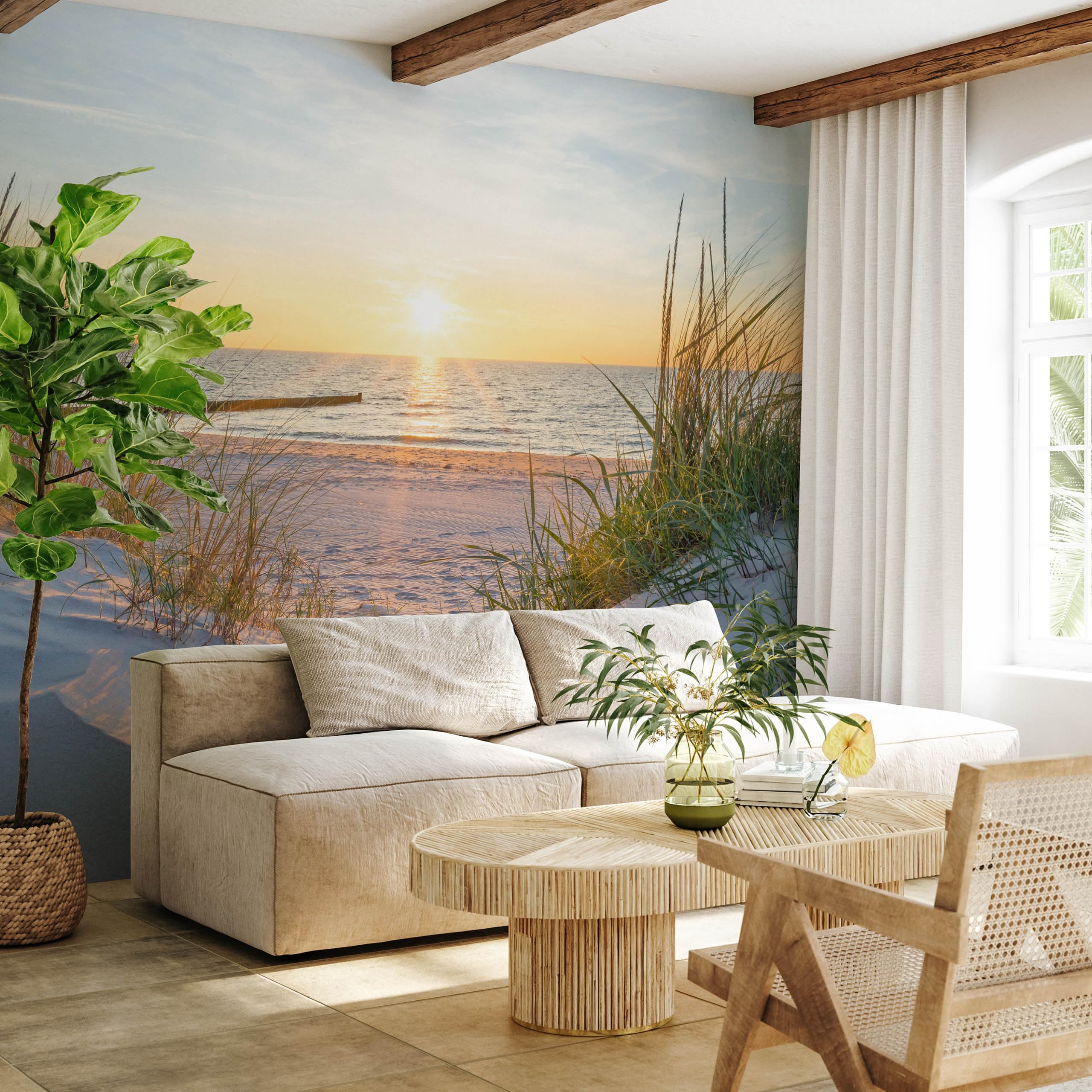 Muralo Fototapeta plaża, morze, wydmy, słońce, niebo, woda, krajobraz, natura, efekt 3D, nowoczesna tapeta ścienna, dekoracja ścienna do salonu, sypialni, jadalni, szer. 312 cm x wys. 219 cm
