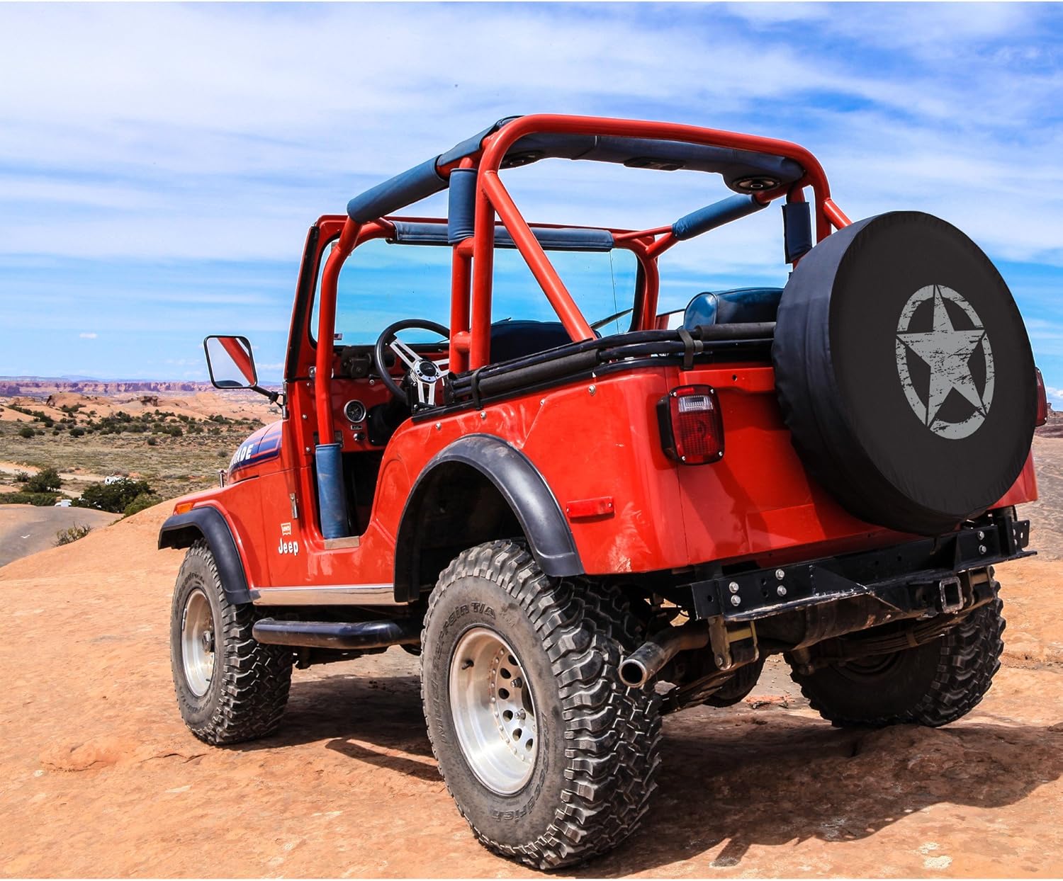 Boomerang - 32" Distressed Star - Spare Tire Cover - (Black Denim Vinyl) for Jeep Wrangler JK (2007-2018) - Silver Print - Made in The USA