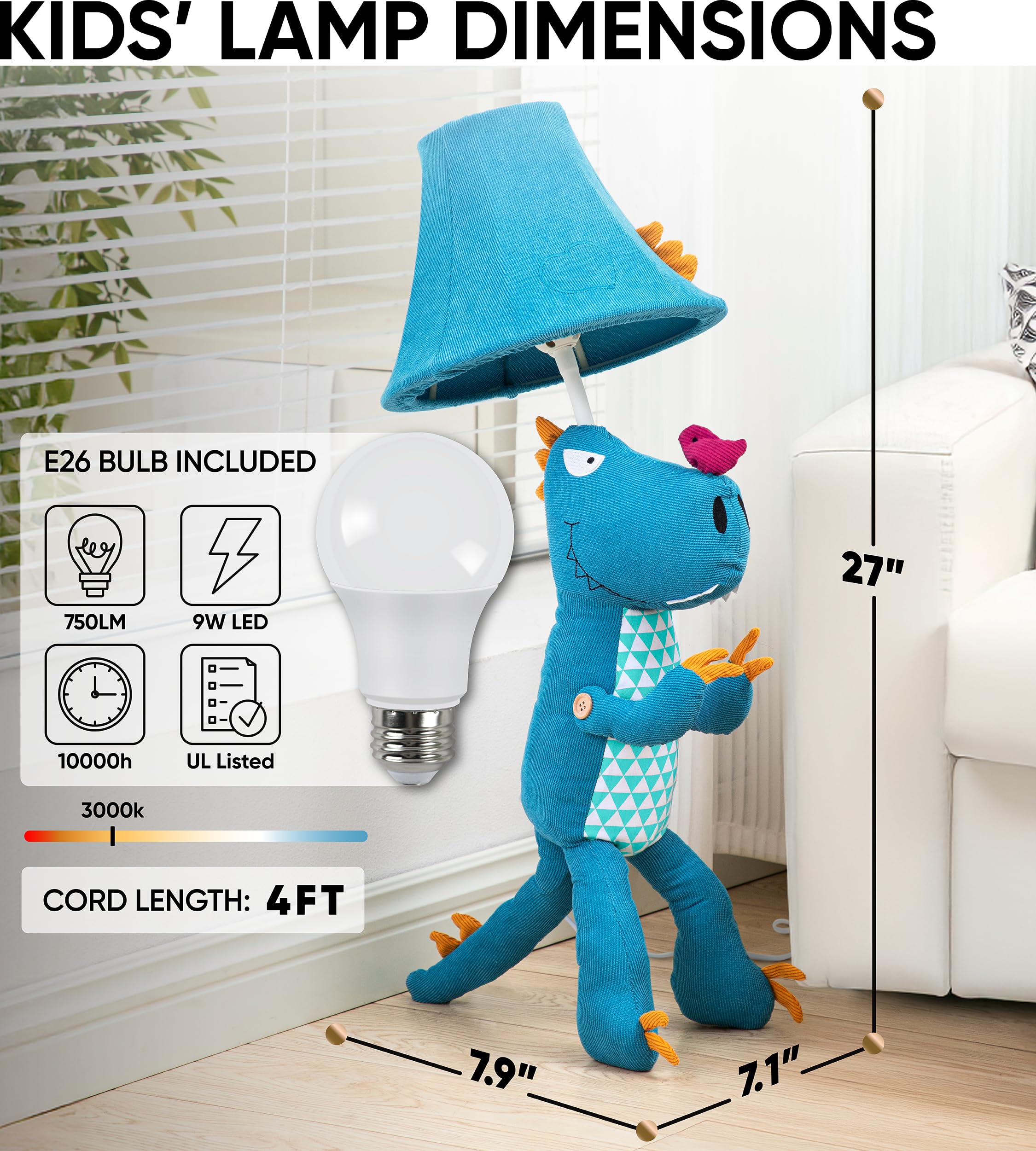Lámparas de dinosaurio para niños, decoración de dormitorio, dinosaurio azul y verde