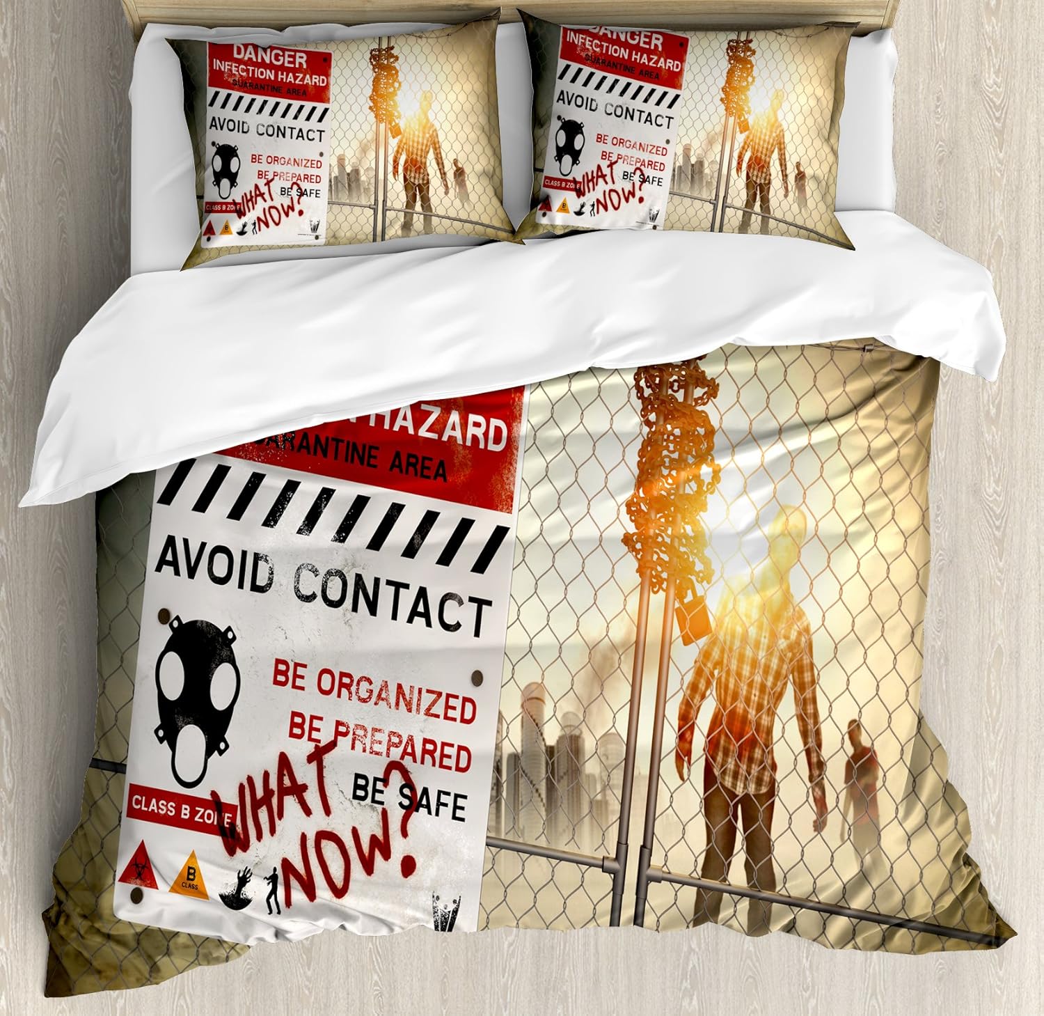 Ambesonne Zombie Duvet Cover Set, Dead Man Walking in Dark Danger Scary Scene Fiction Halloween Infection Picture, Decorative 3 Piece Bedding Set with 2 Pillow Shams, Queen Size, Red Sepia