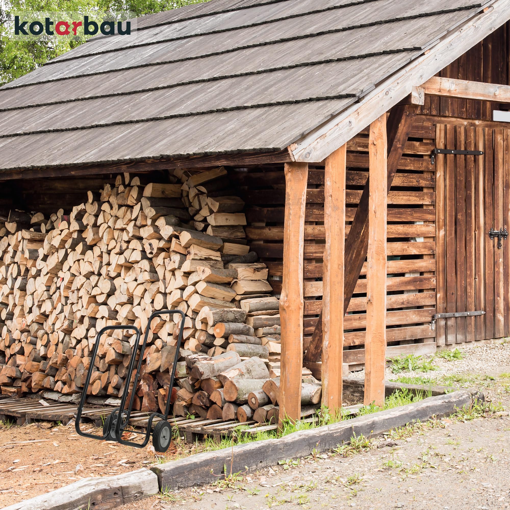 KOTARBAU® Carrello per legna da ardere con ruote, carrello in legno, 102 x 54 x 41 cm, 80 kg, colore nero, verniciato a polvere, per legna da ardere e legna da ardere