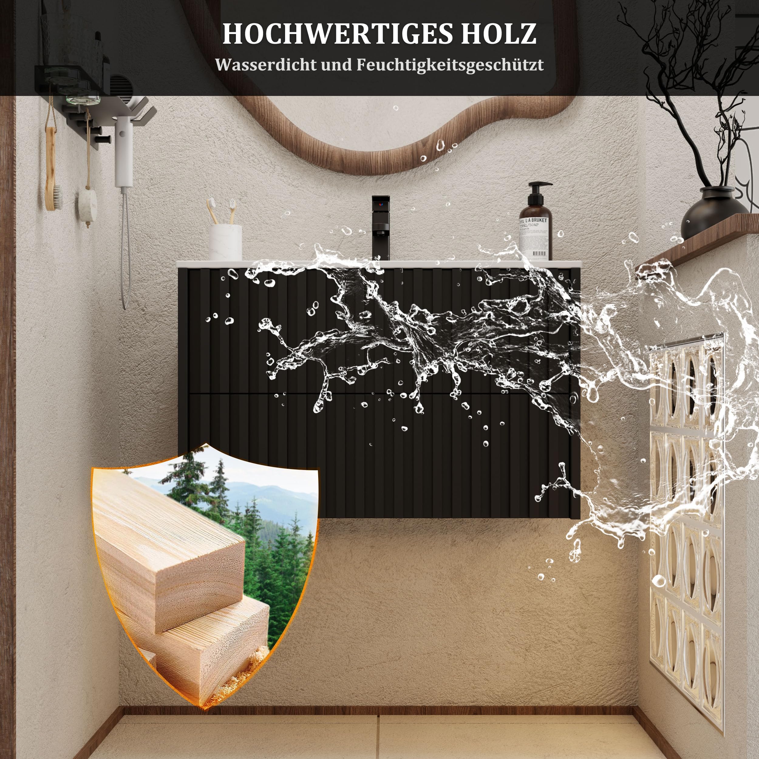UEV Waschtisch mit Unterschrank, Waschbeckenunterschrank 80cm hängend, Waschplatz, Keramik Waschbecken, Badezimmmer Möbel für Gäste WC, Badmöbel Set, Schwarz
