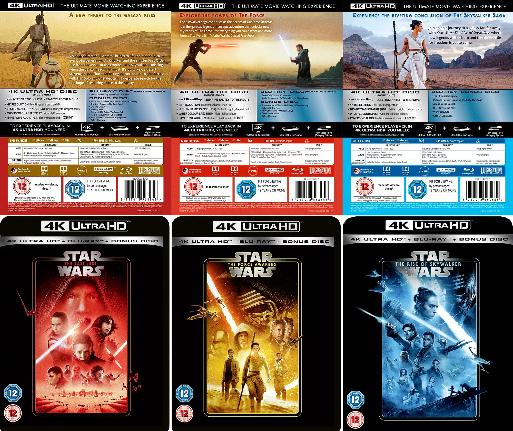 Star Wars Sequel Trilogy: The Force Awakens / The Last Jedi / The Rise of Skywalker [9-Disc Set] [4K UHD + Blu-ray] [Region Free]