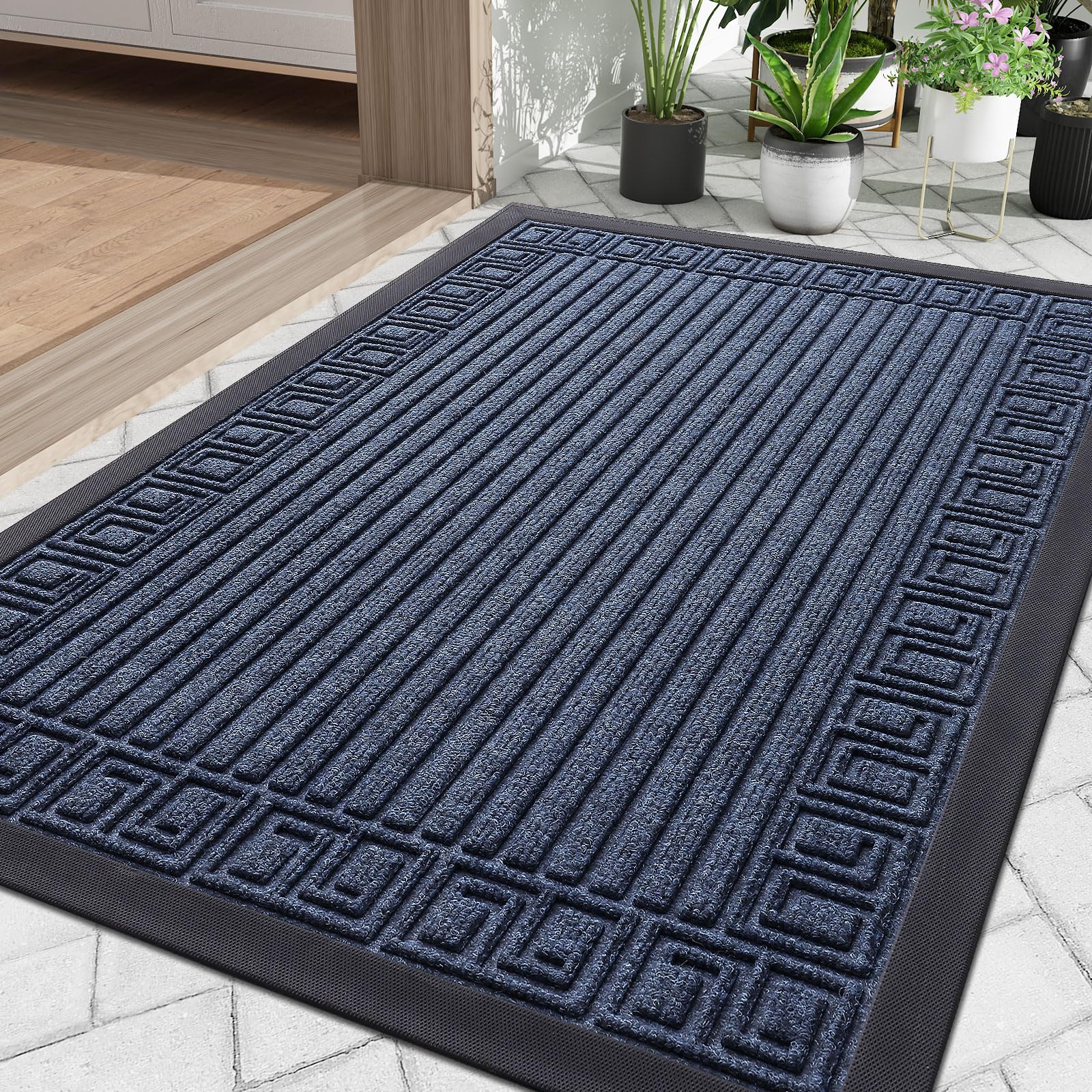 Finchitty Front Door Mat Outdoor Entrance, Heavy Duty Sturdy Rubber Doormat, Stain and Fade Resistant, Easy to Clean, Low Profile Indoor Outdoor Mat for Entryway and Patio, 30x17, Navy