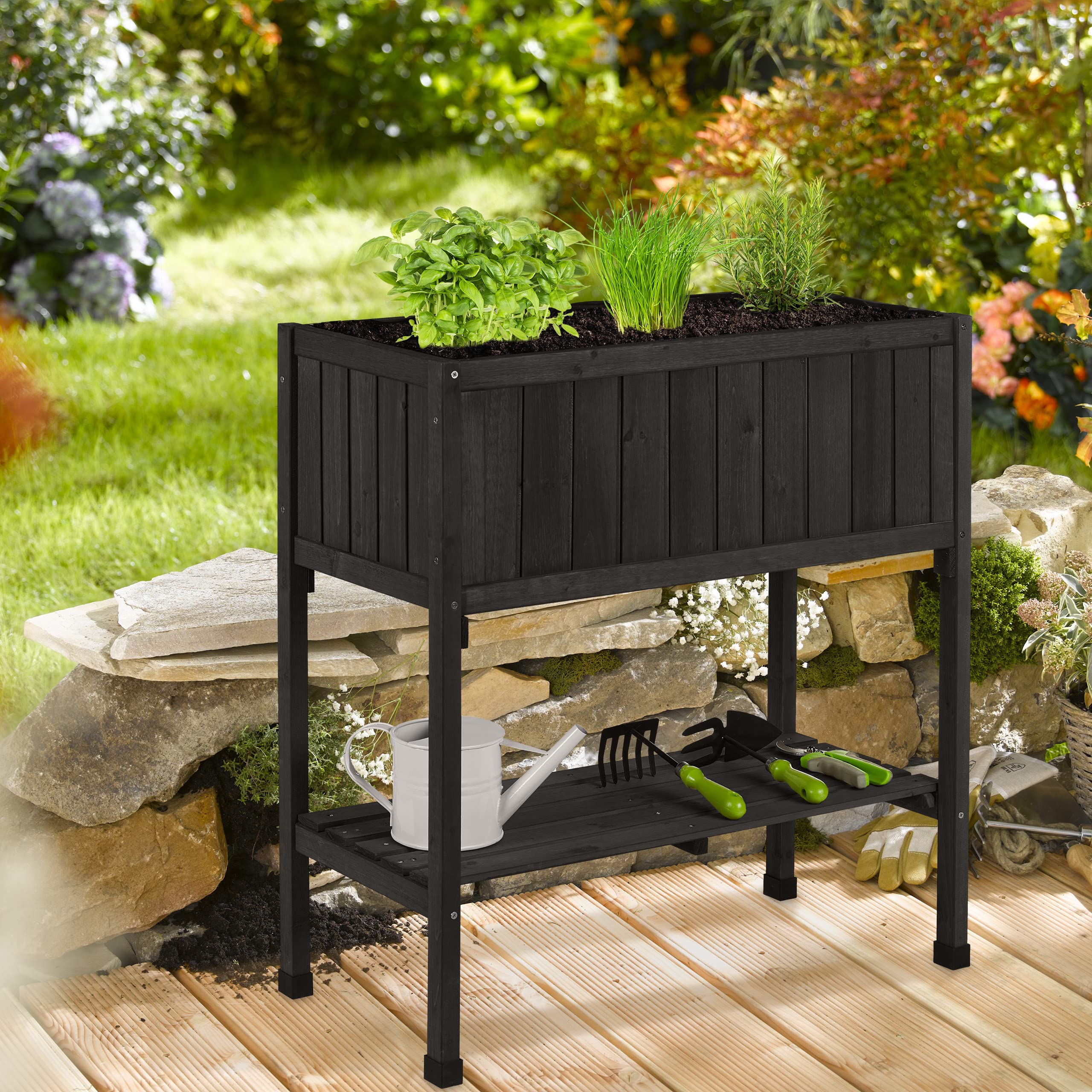 Relaxdays Porte-Pot de Fleurs, Plastique, étagère, HxLxP : 80x74x38 cm, Balcon et terrasse, jardinière, Sapin, Noir