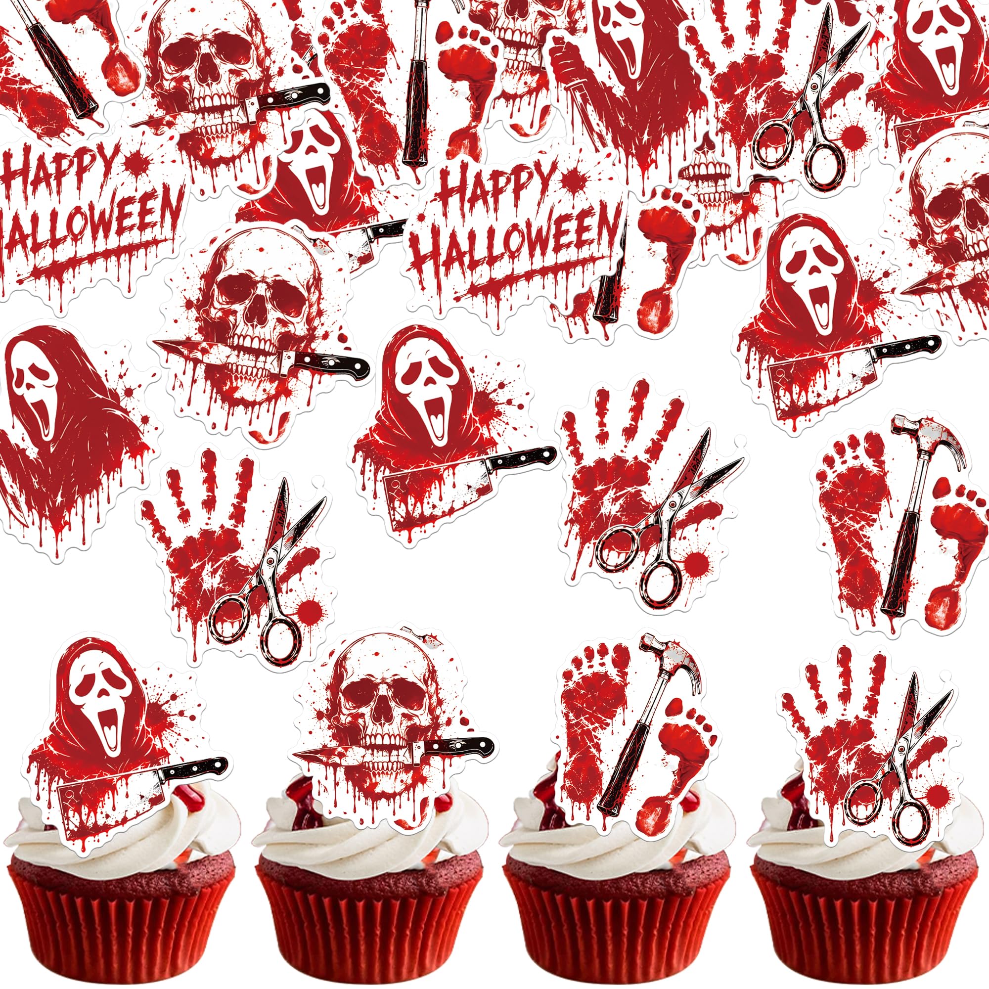 Xsstarmi 60 Pack Edible Happy Halloween Cupcake Toppers Have a Killer Birthday Cake Decoratons for Halloween Baby Shower Spooky Killer Birthday Party Cake Decorations Supplies — image 1