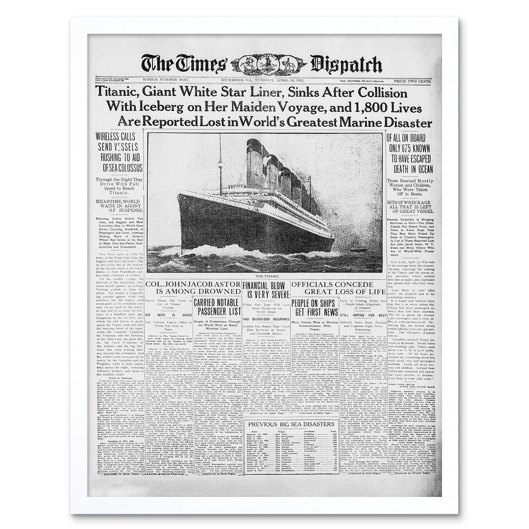 Newspaper Front Sheet Page Titanic Disaster 1912 Times Despatch Art Print Framed Poster Wall Decor 12x16 inch