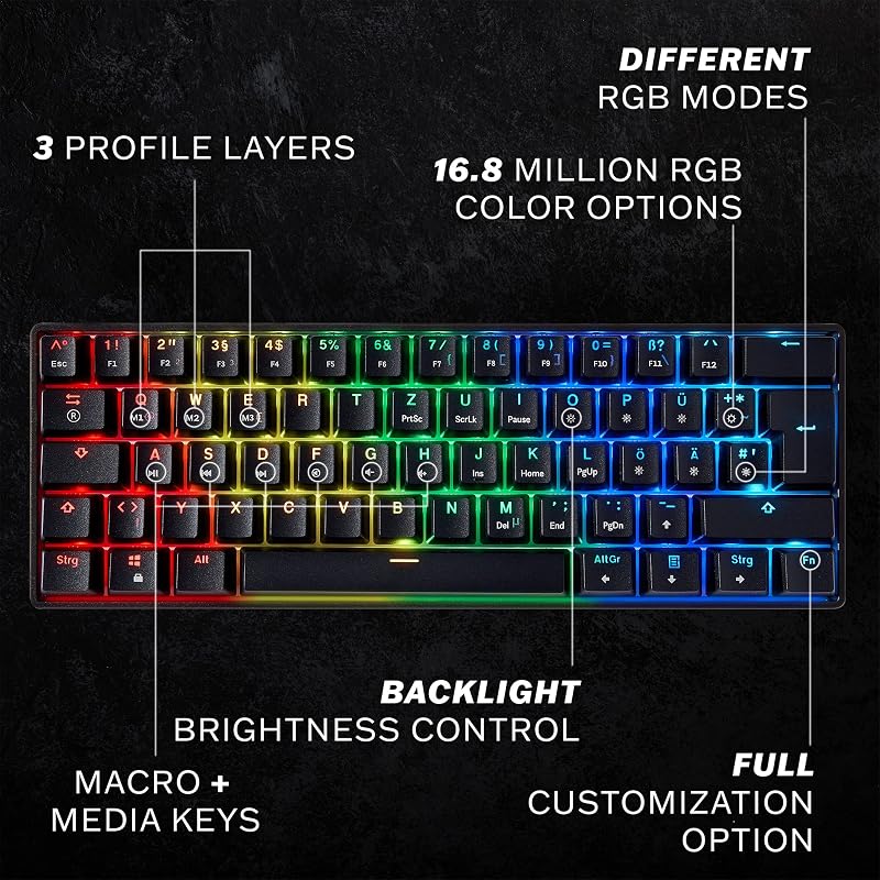 HKKB GK61 Mechanical Gaming Keyboard 60 Percent | 61 RGB Rainbow LED Backlit Programmable Keys | USB Wired | For Mac and Windows PC | Hotswap Gateron Optical Yellow Switches | Black