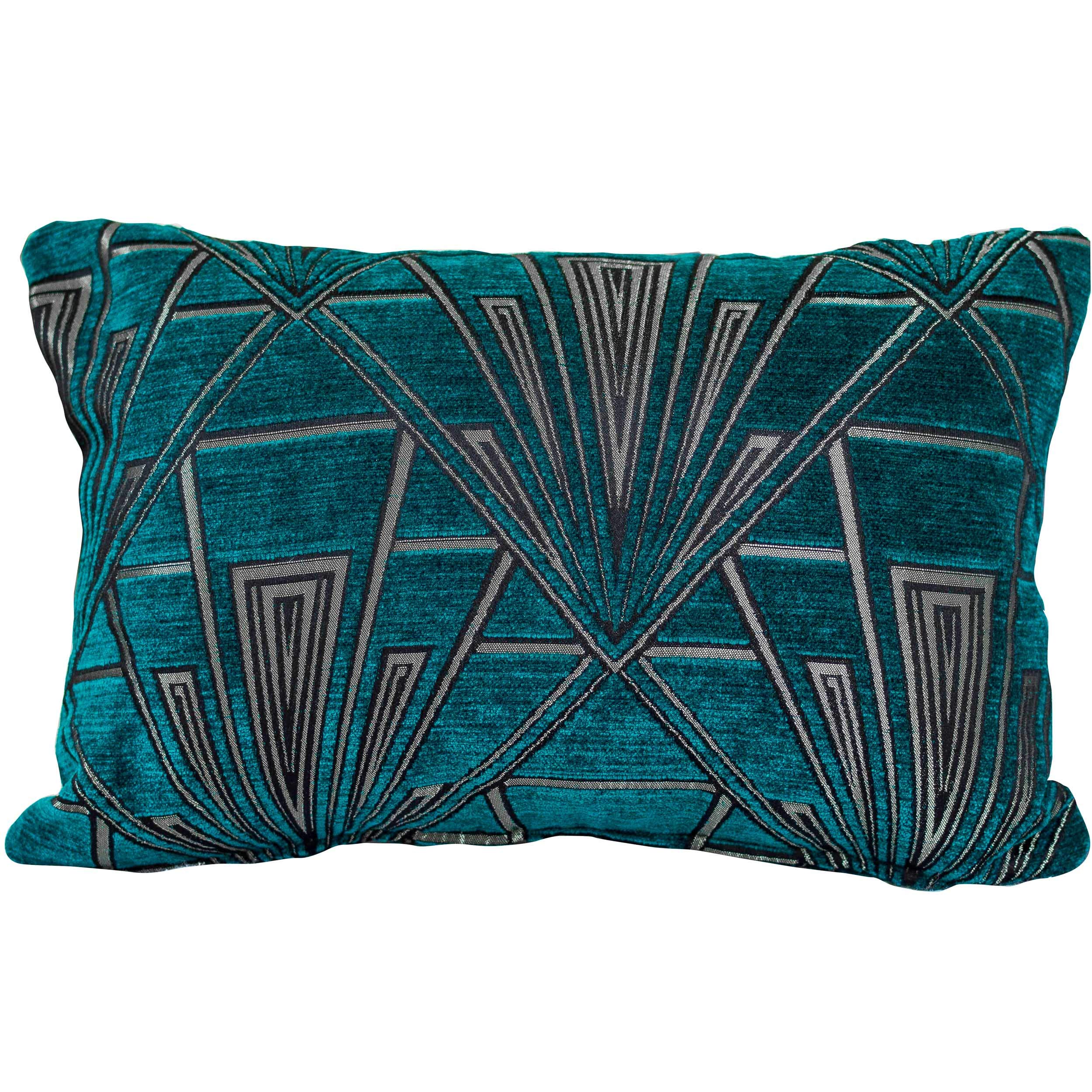 Linen Loft Teal Blue Art Deco Boudoir Cushion Cover. Geometric And Silver. Luxury Velvet Chenille. 17X12 (43X30cm) Double Sided. Pillow Case. 20S And 30S Style.