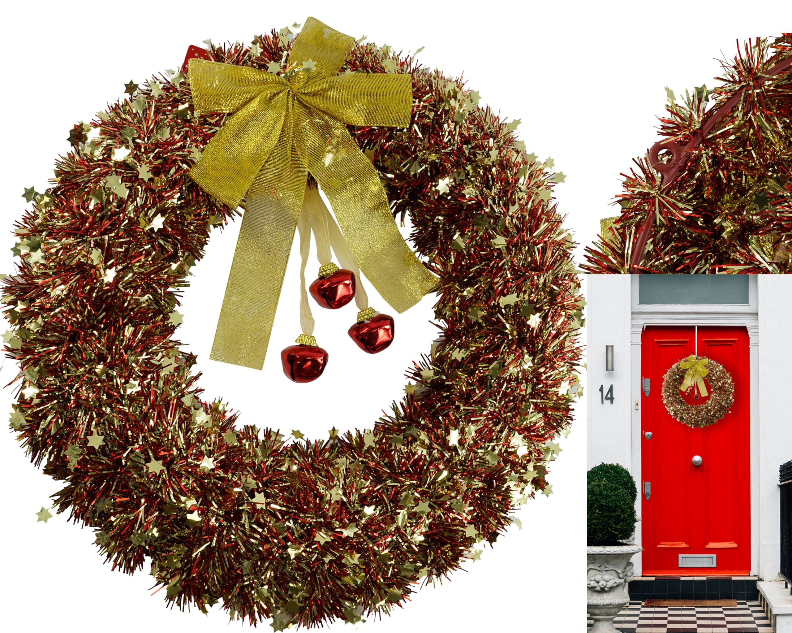 Gold Christmas Door Wreath 40cm| Tinsel Front Door Wreath Christmas with Bells Ornaments| Xmas Holiday Wreath for Door Wall Home, Tinsel Wreaths for Door