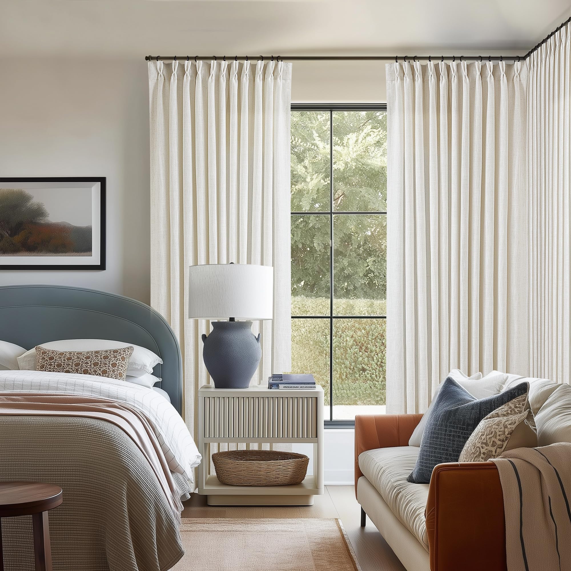 TWODRAPES Natural Pinch Pleated Linen Curtain Panels 96 Inches Long 70 Wide