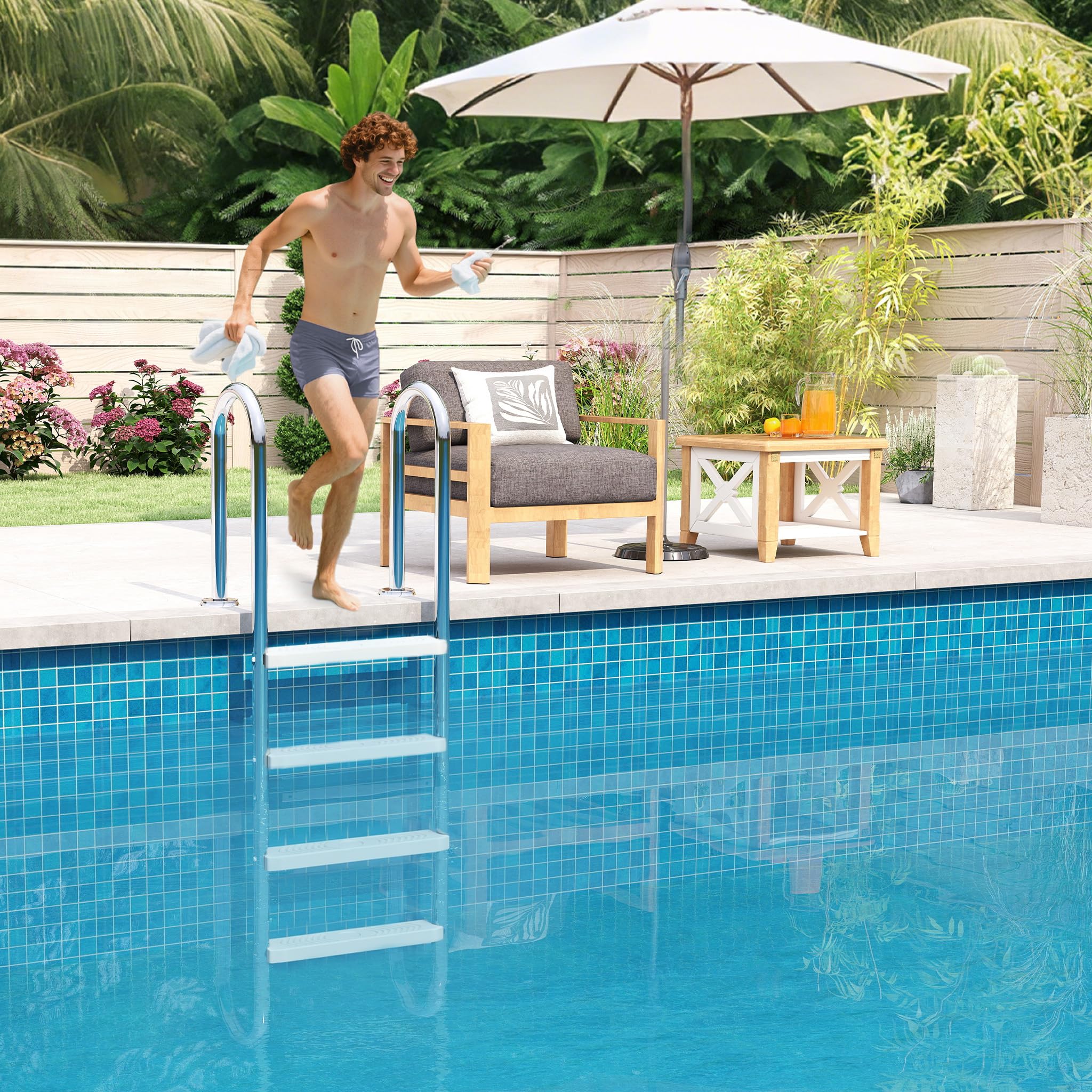 FIVMEN Poolleiter Edelstahl 4 Stufen 157 cm Hoch Pool Leiter Poolleitern mit Antirutschpad und Geschwungener Handlauf Einstiegsleiter Schwimmbadleiter Einbauleiter für Schwimmbad Pool