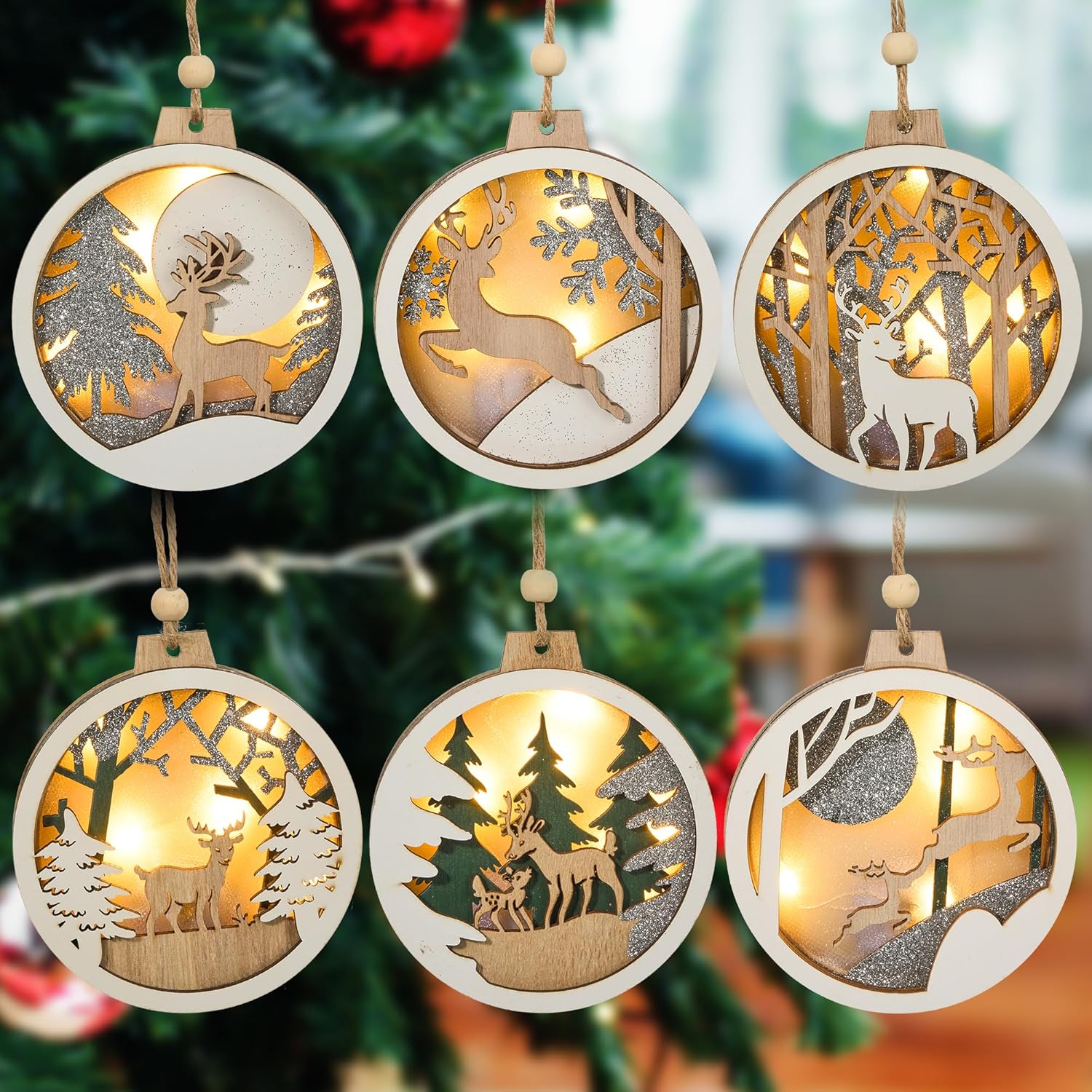 Joiedomi 6 Pcs LED Wooden Reindeer Hanging Ornaments, Christmas Tree Decoration, Xmas Lighted Pretty Ornament, Presents, Party Supplies Decorations Joiedomi 6 Pcs LED Wooden Reindeer Hanging Ornaments, Christmas Tree Decoration, Xmas Lighted Pretty Ornament, Presents, Party Supplies Decorations