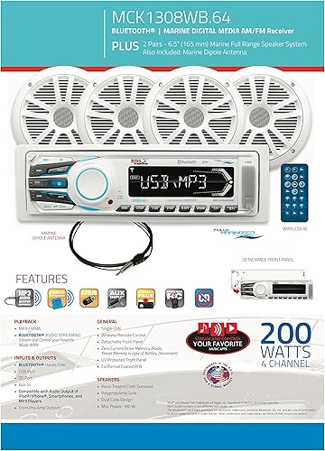 Miniatura 7 de BOSS Audio Systems Paquete de altavoz receptor MCK1308WB.64, Bluetooth, MP3 USB SD AM FM estéreo marino, panel frontal desmontable, control remoto