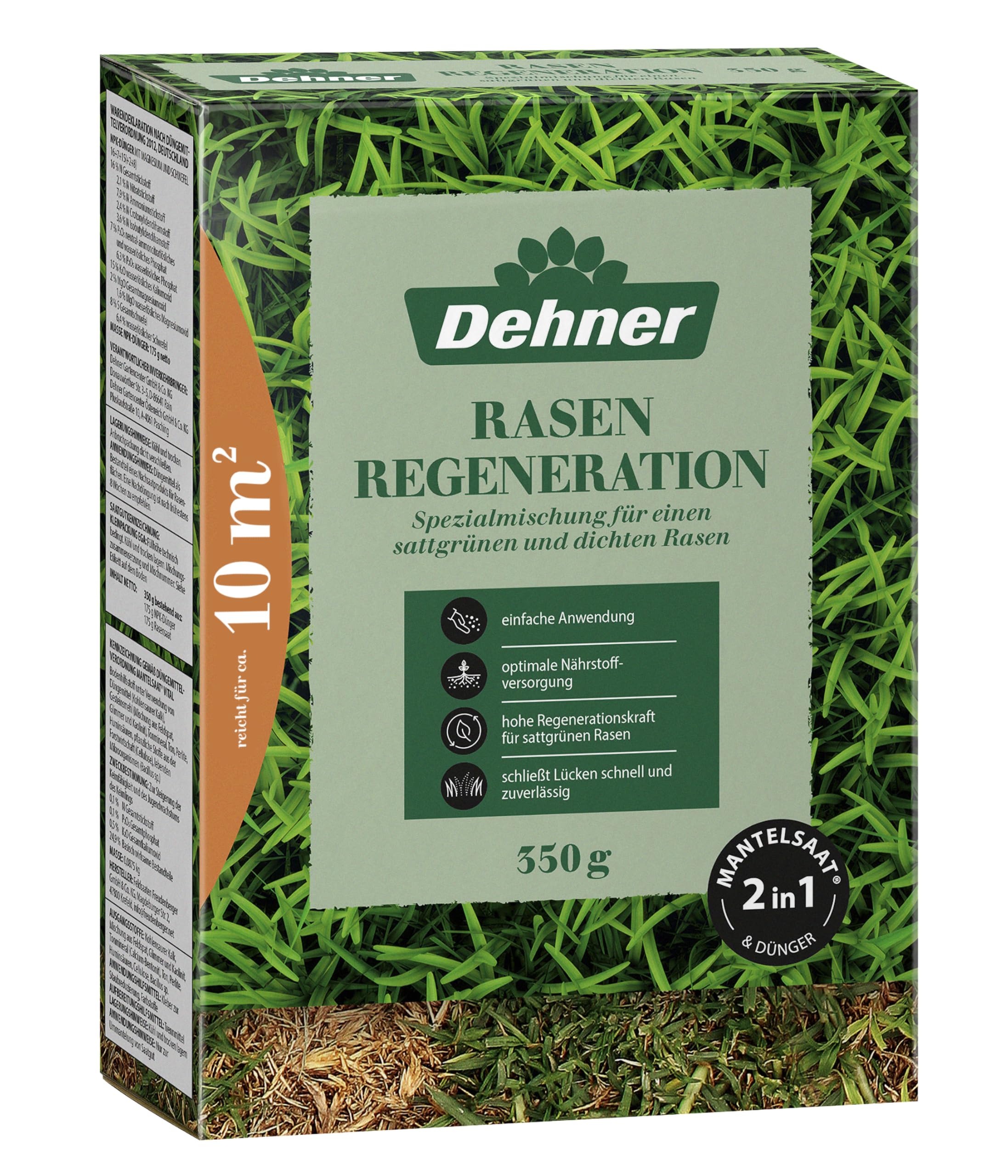 Dehner Rasen-Reparatur Regeneration, Saatgut und Dnger in einem fr  strapazierfhigen Rasen, pflegeleicht, ideal fr beschdigte Rasenflchen,  FSC-zertifizierte Verpackung, 350 g fr ca. 10 m : Amazon.de: Garten
