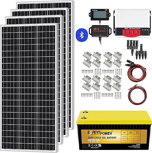 ExpertPower Kit de panel solar para sistema de energía solar fuera de la red RV con batería 4 paneles solares de 100 W + controlador de carga MPPT