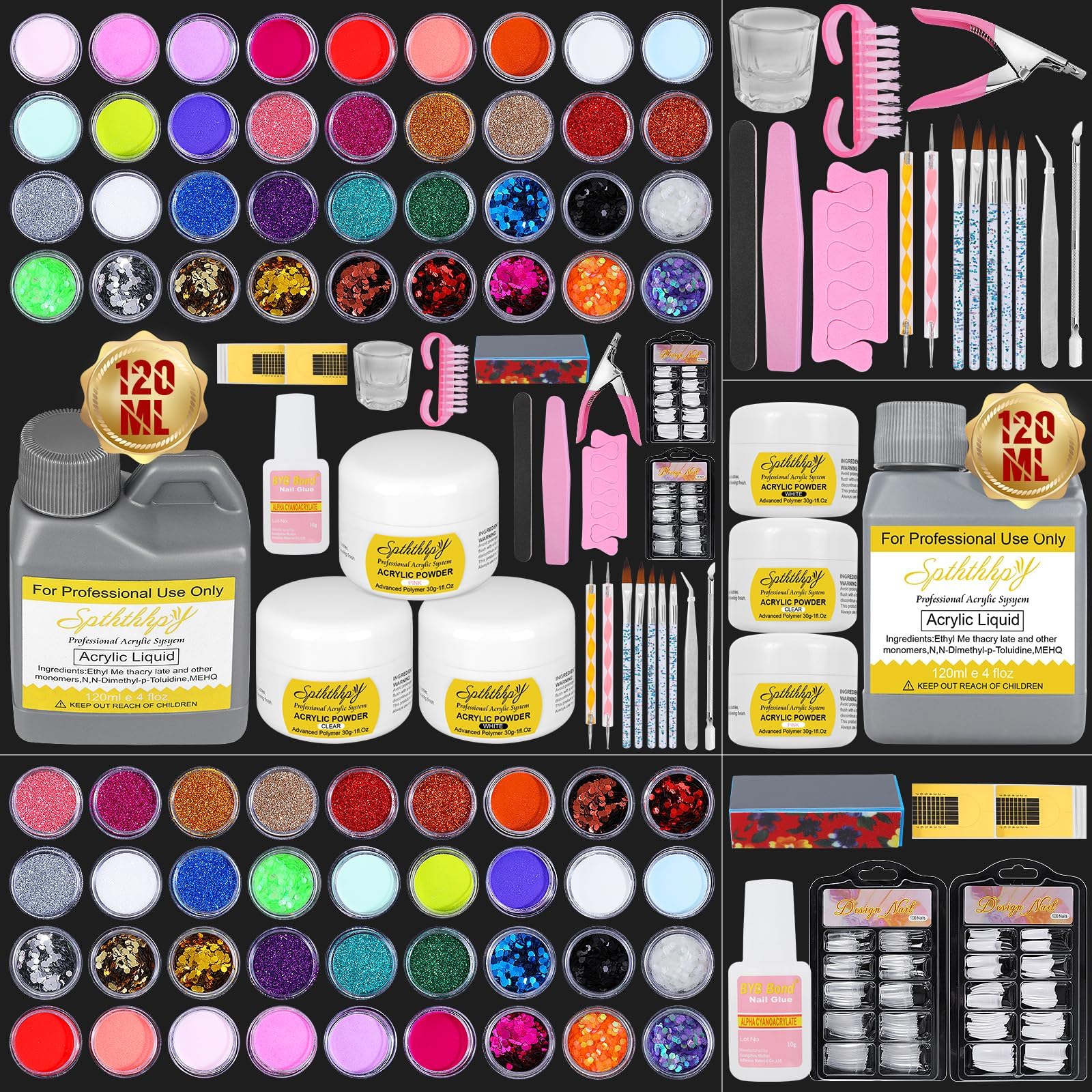SPTHTHHPY Acrylic Nail Kit Acrylic Powder(Pink White Clear)and Liquid Set with Nail Glitter Brush Manicure Tools Nail Powder Monomer Liquid Kit for Acrylic Nails Extension Beginner Set