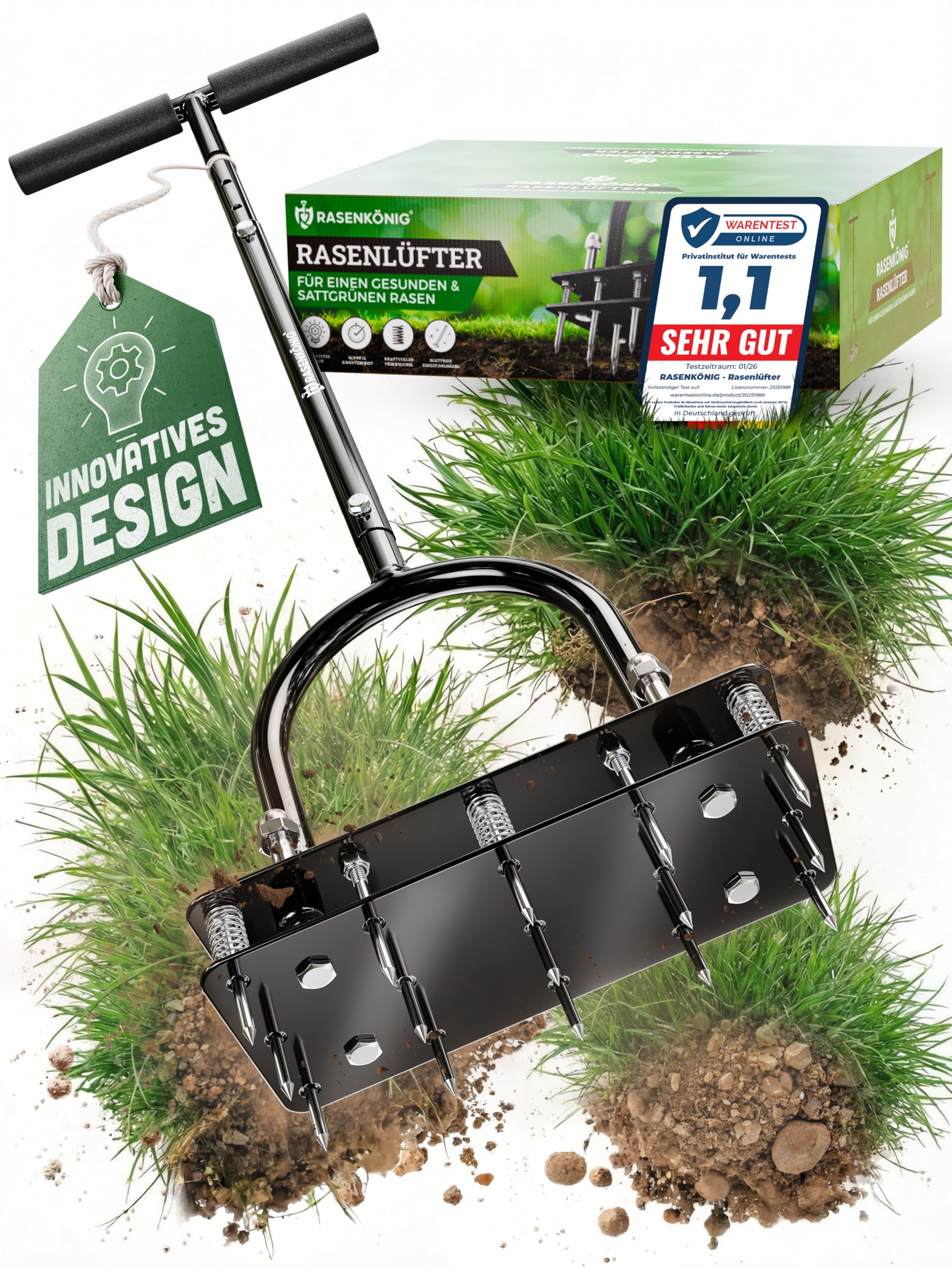 Rasenlüfter Pro | Innovative Aerifiziergabel | Rasenbelüfter Vertikutierer und Aerifizierer für Rasenbelüftung | Premium Gartengerät zum Rasen belüften und auflockern – Selbstreinigend
