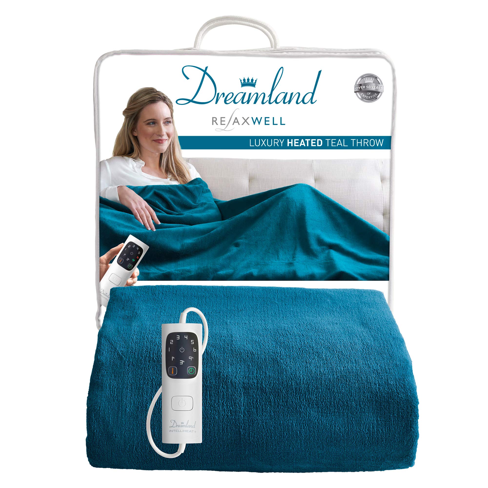 Dreamland Relaxwell Intelliheat+ Minute Fast Heat Luxury Teal Blue Heated  Electric Throw, 120x160 cm, Control, Temperature Settings, Timer