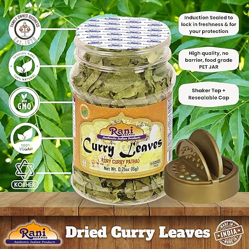 Miniatura 4 de Rani - Hojas enteras de curry secas (Kari Neem Patha) - Tarro de PET de 0.21 onzas (0.21oz)  No irradiado  Todo natural  Vegano  Apto para gluten