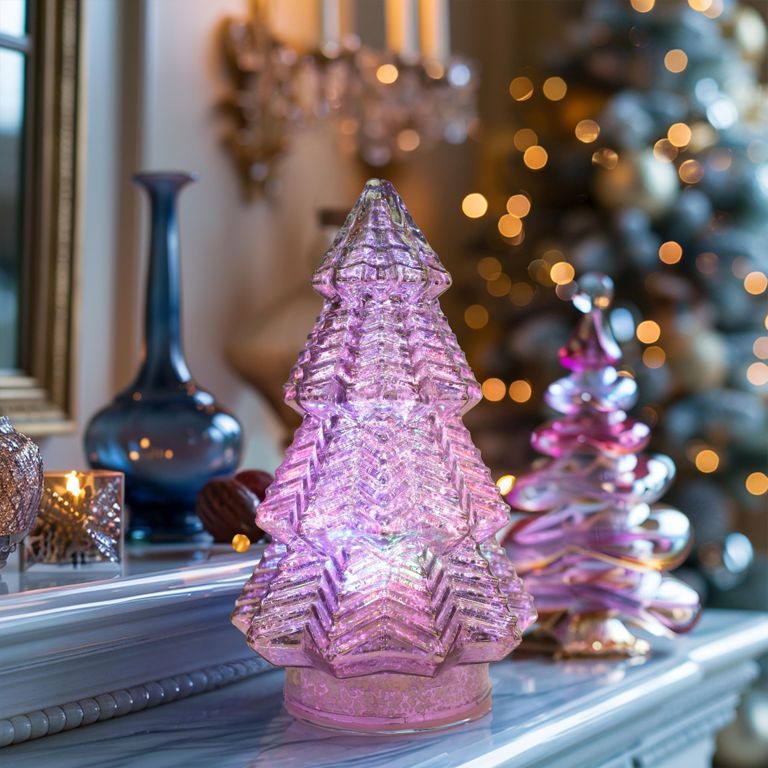 hvfun RoseGold - Albero di Natale in vetro mercurio con luce colorata dinamica, decorazioni da tavola illuminate con timer, per soggiorno, caminetto, tavolo, feste, altezza 20,3 cm