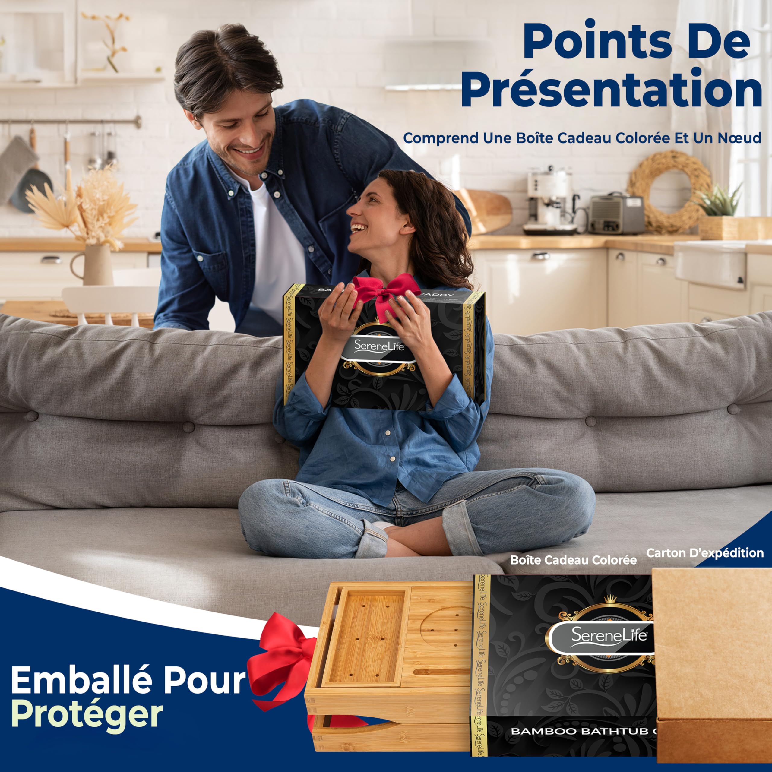 SereneLife Plateau de Baignoire en Bambou Extensible – Support de Bain Réglable avec Poignées Antidérapantes, Porte-Verre à Vin et Support pour Tablette ou Smartphone