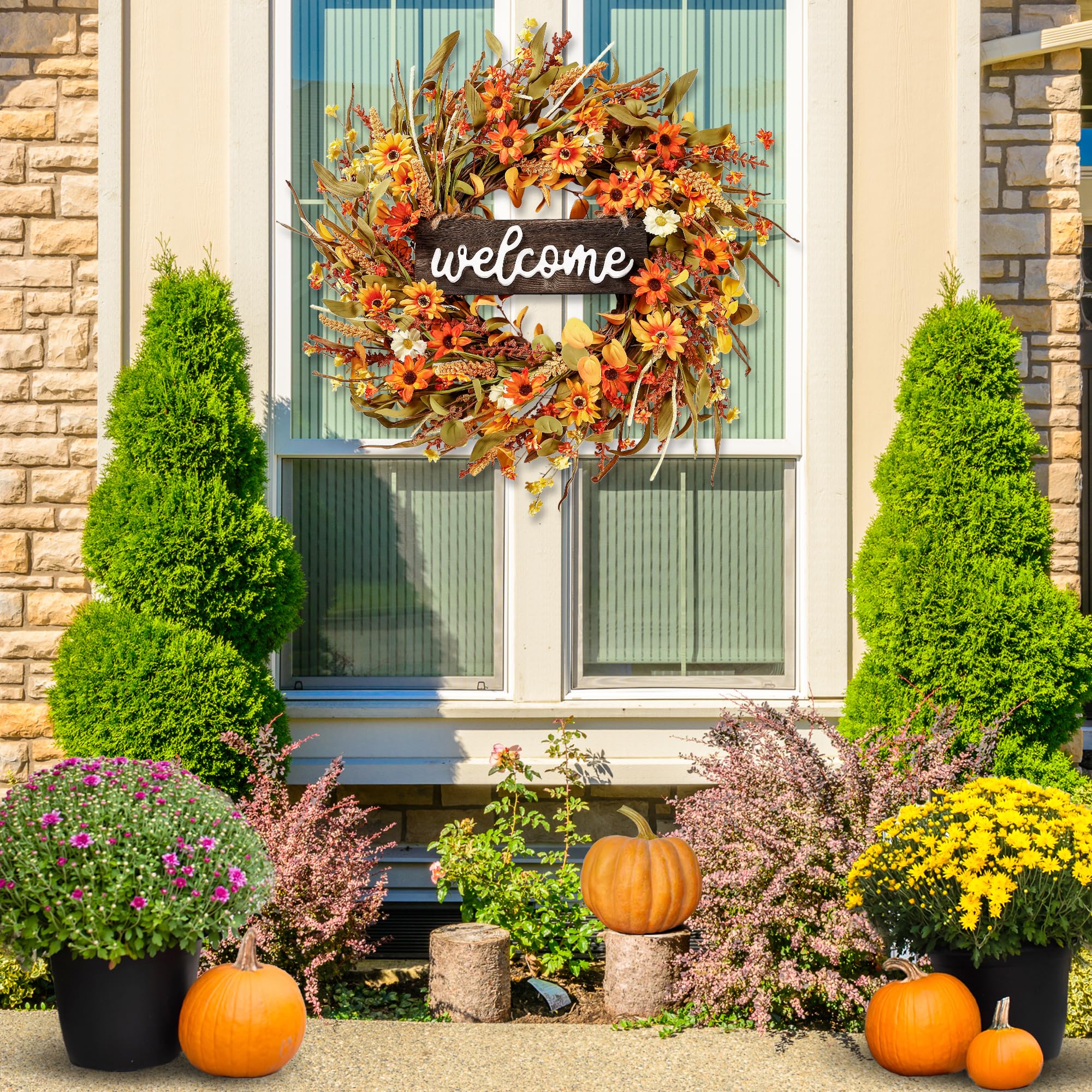 Sggvecsy Artificial Fall Wreath 22’’ Autumn Front Door Wreath Harvest Wreath with Orange Daisy Ear of Wheat Mixed Flowers and Leaves for Outside Indoor Wall Window Festival Thanksgiving Autumn Decor