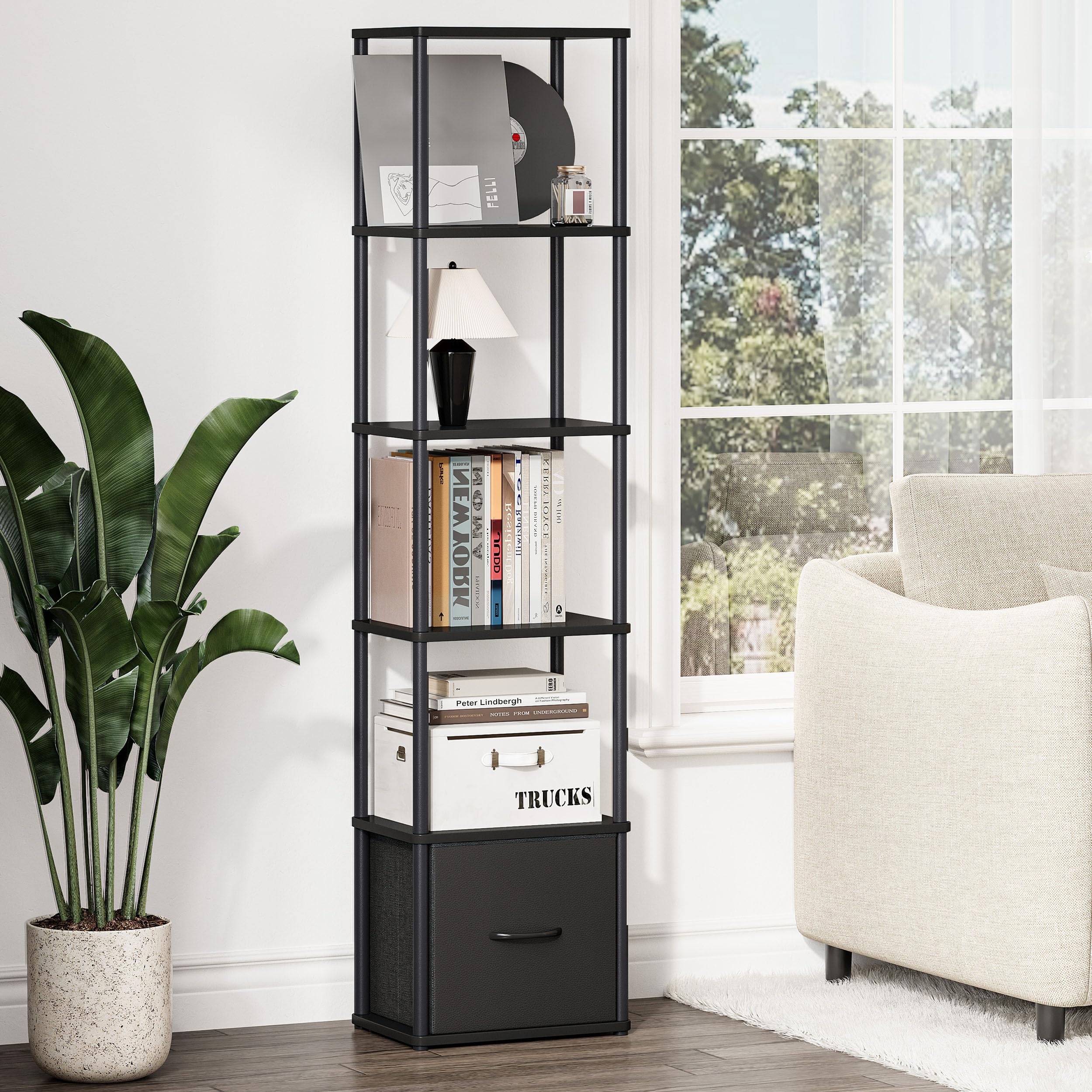 Libreria Angolare a 6 Ripiani Scaffale Salvaspazio Verticale con Struttura in Metallo e Legno Scaffale Libreria con 1 Cassetto per Soggiorno, Camera da Letto e Ufficio Nero HBC505B