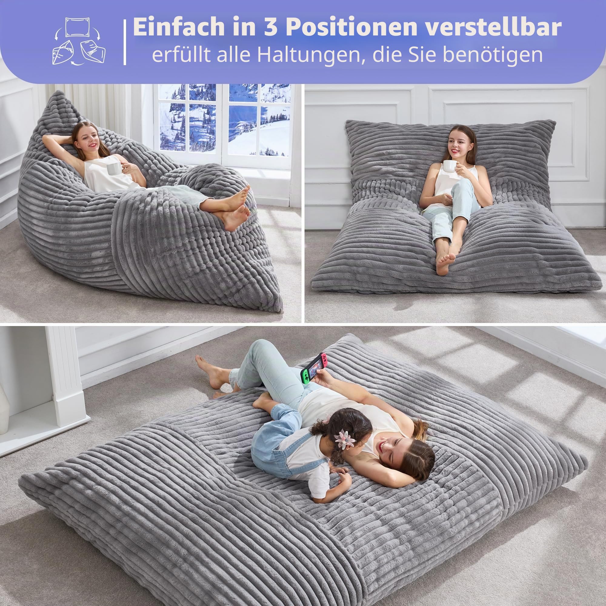 Hobestluk 3-in-1 Sitzsack Riesen Sitzsack Umwandelbar Sitzsack Bodenkissen mit maschinenwaschbarem Bezug, Sitzsäcke für Erwachsene (Grau)