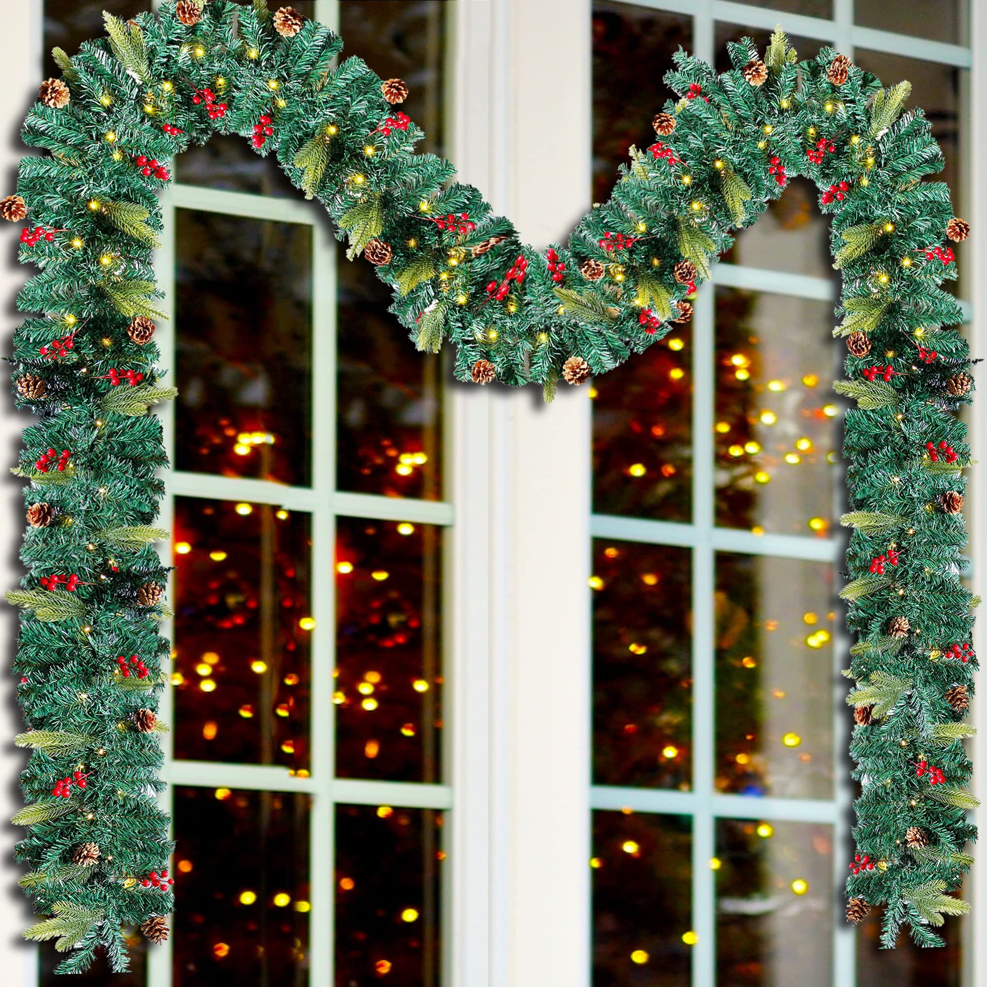 Glory Island 9 FT Christmas Garland with 50 LED Lights, Artificial Pre-lit Decorative Green Garland with Berries for Xmas Home Decor