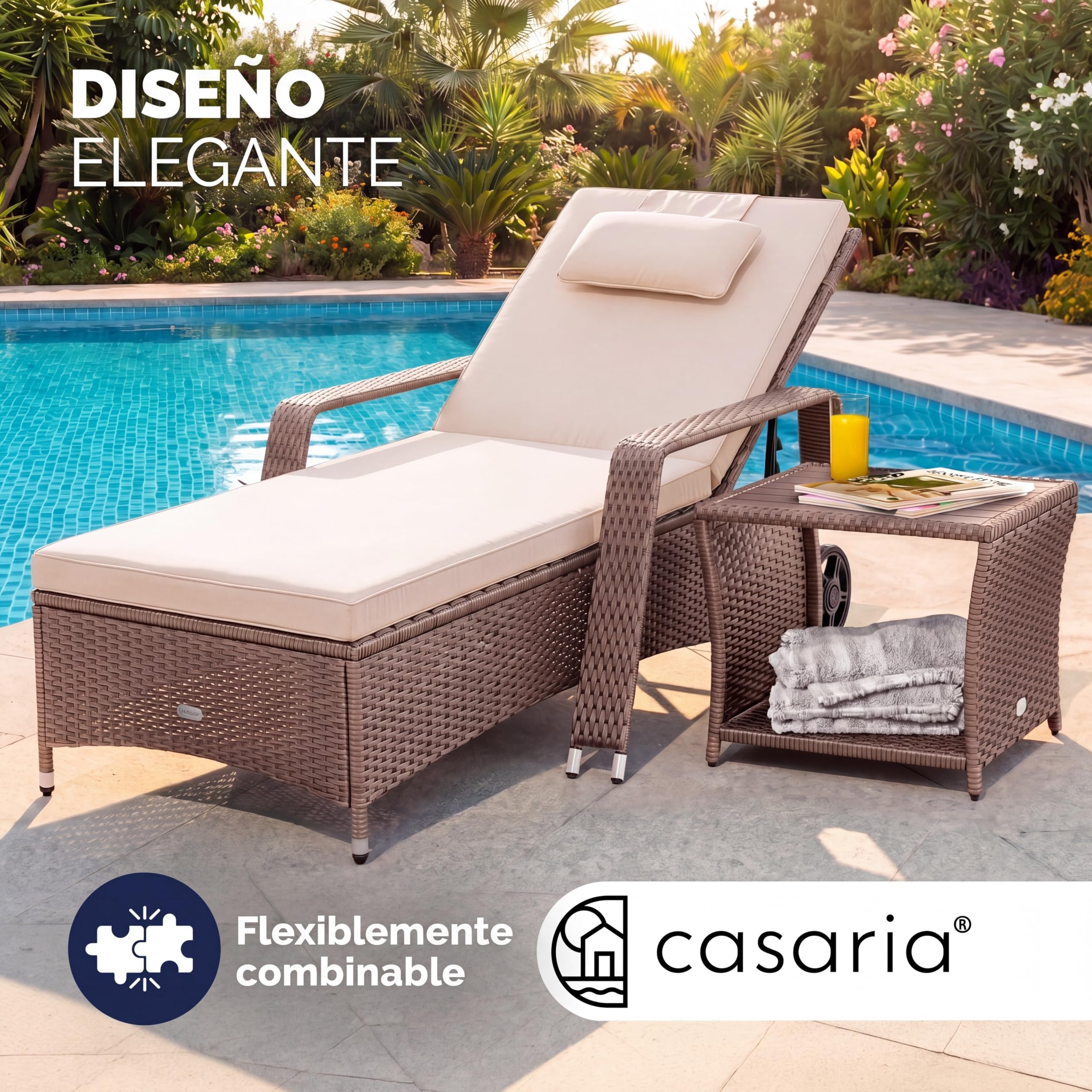CASARIA® Tumbona Jardín Poliratán hasta 160kg 193x90cm Respaldo Regulable Acolchado 7cm Cojín 2 Ruedas Crema | Tumbona de jardín, resistente a la intemperie, soporta 165 kg, terraza, balcón, tumbona reclinable, polirratán