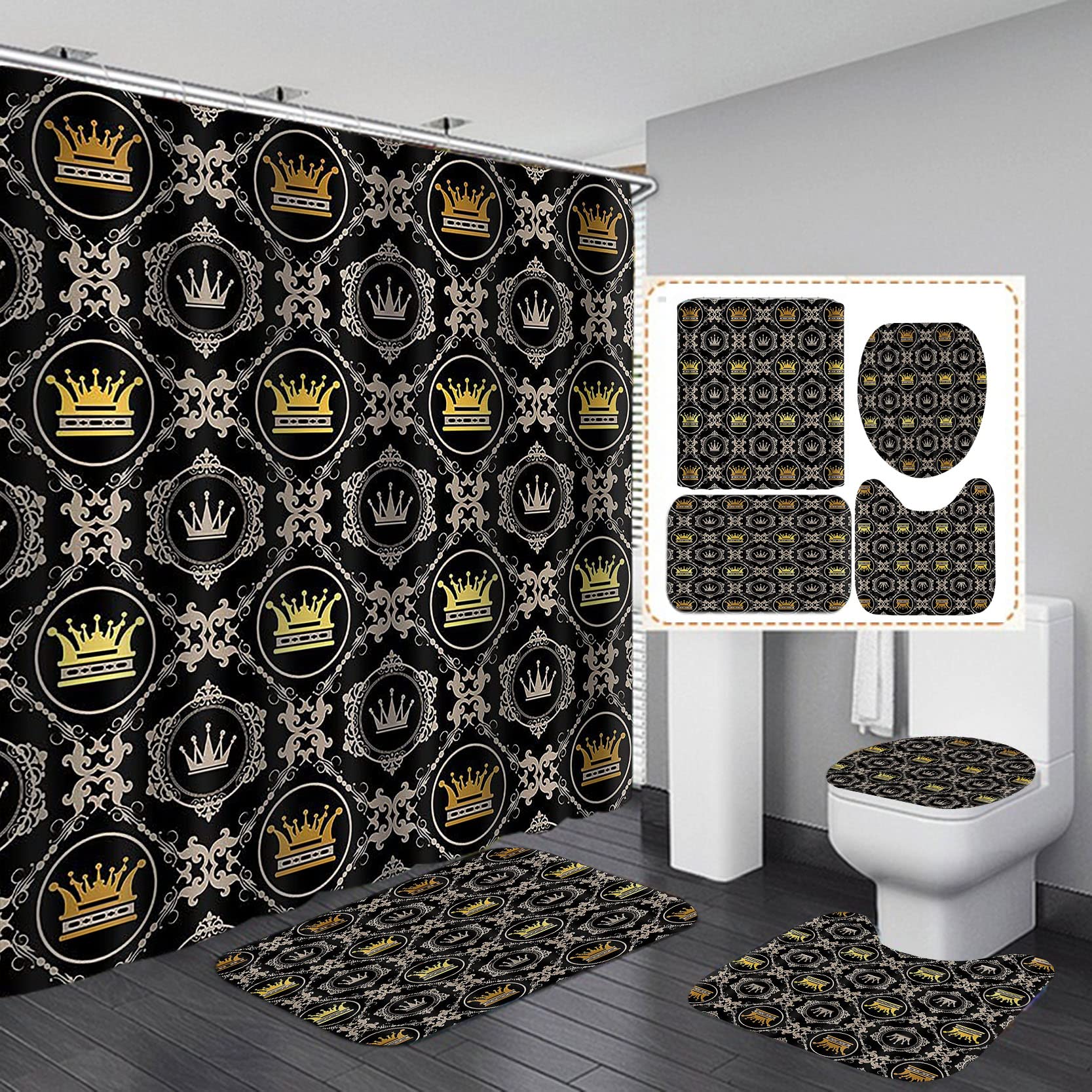 Jayden Madge 4PCS Luxury Gold Crown Shower Curtain Set, King and Queen Crown Medieval Ethnic Patterns Bathroom Decor, Waterproof Fabric Black Shower Curtain, Non-Slip Bath Mat Toilet Rug, Royal Tiara